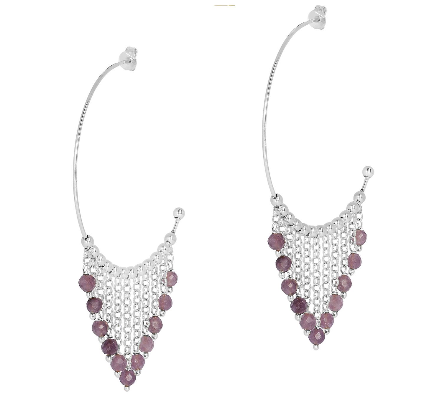 Italian Silver Gemstone Bead Dangle Hoop Earrins