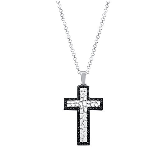 Men's Black Diamond Textured Cross Pendant w/ Chain, Sterling