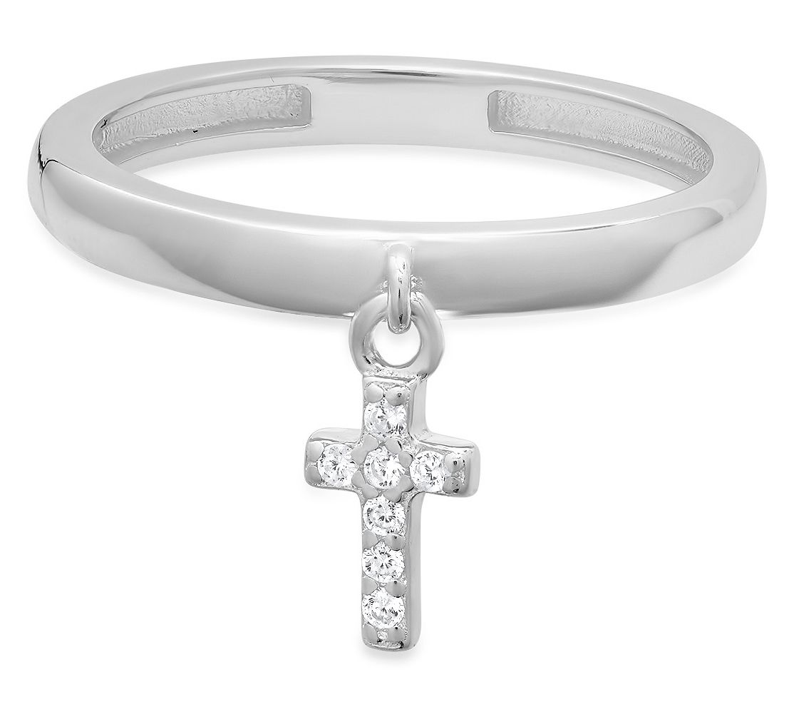 Diamonique Dangling Cross Band Ring, Sterling Silver