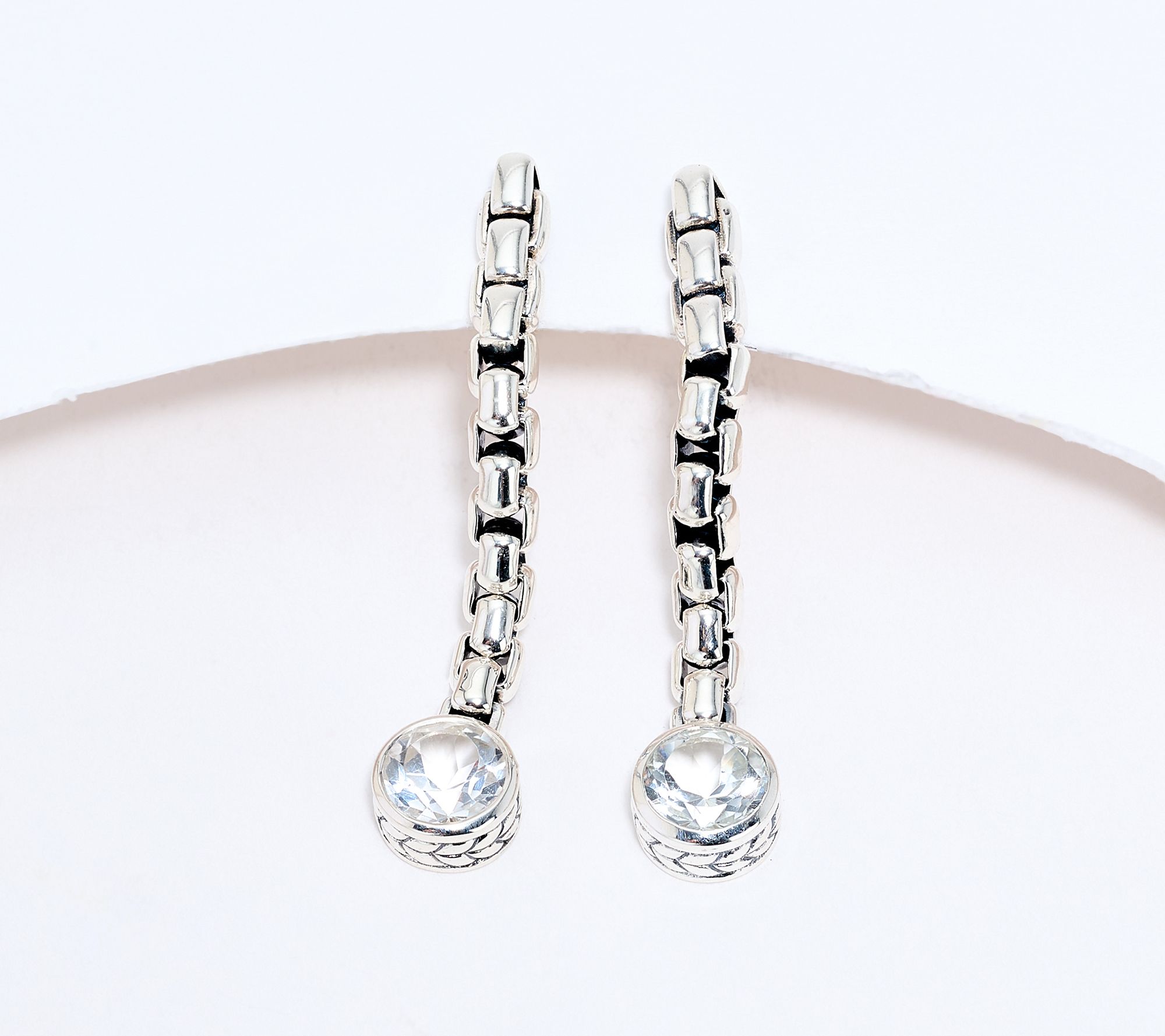 JAI Sterling Silver Bezel Set Gemstone 1-1/2" Box Chain Earrings