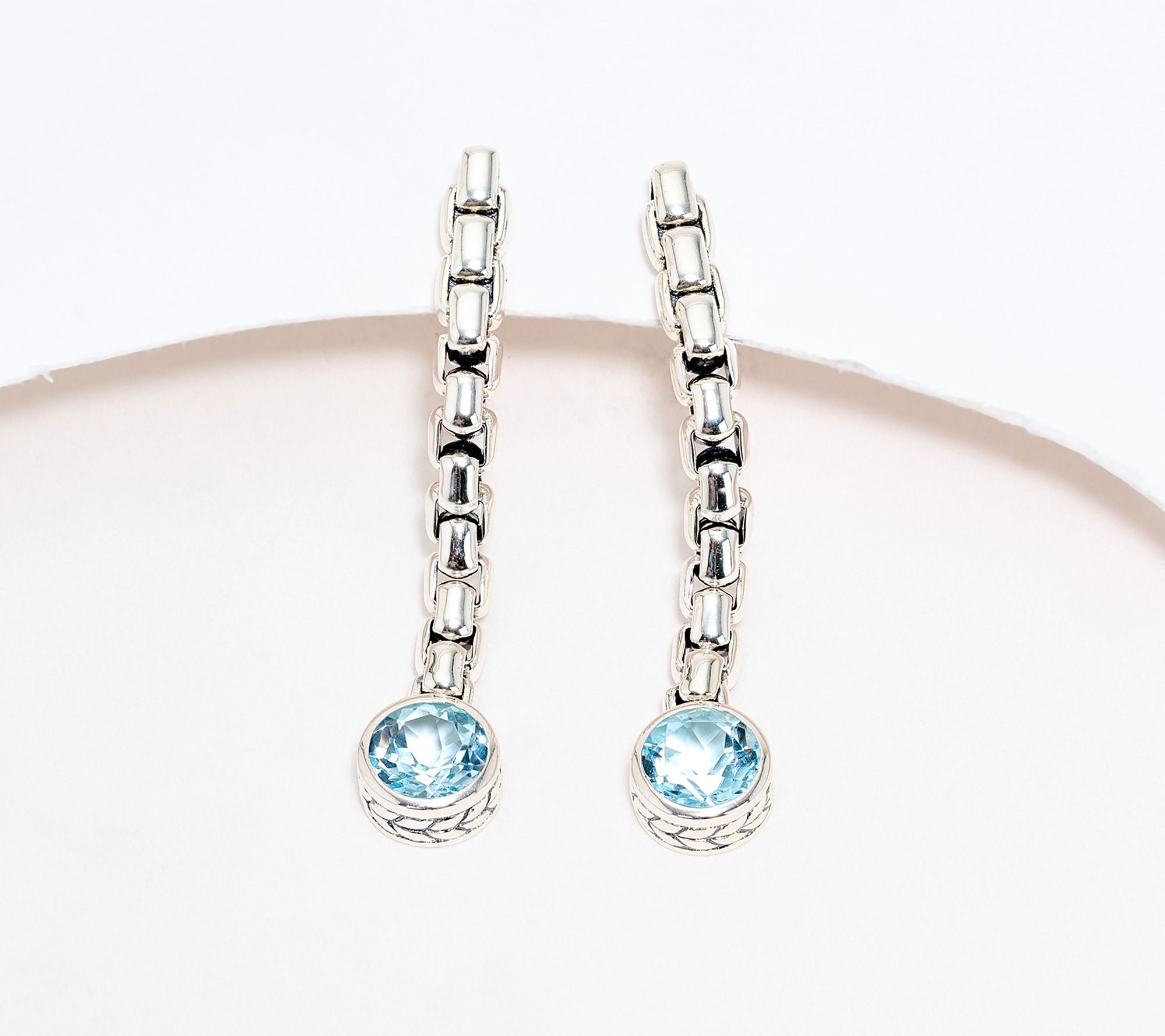 JAI Sterling Silver Bezel Set Gemstone 1-1/2" Box Chain Earrings