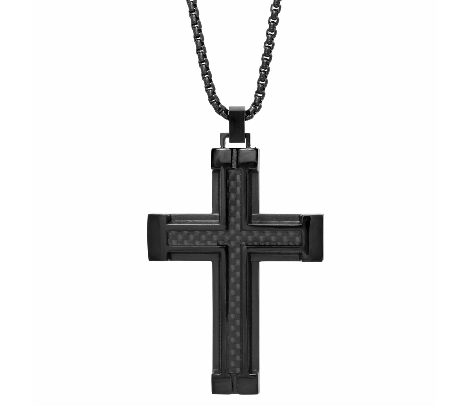 LYNX Men's Stainless Steel Carbon Fiber Cross Pendant w/ Chain