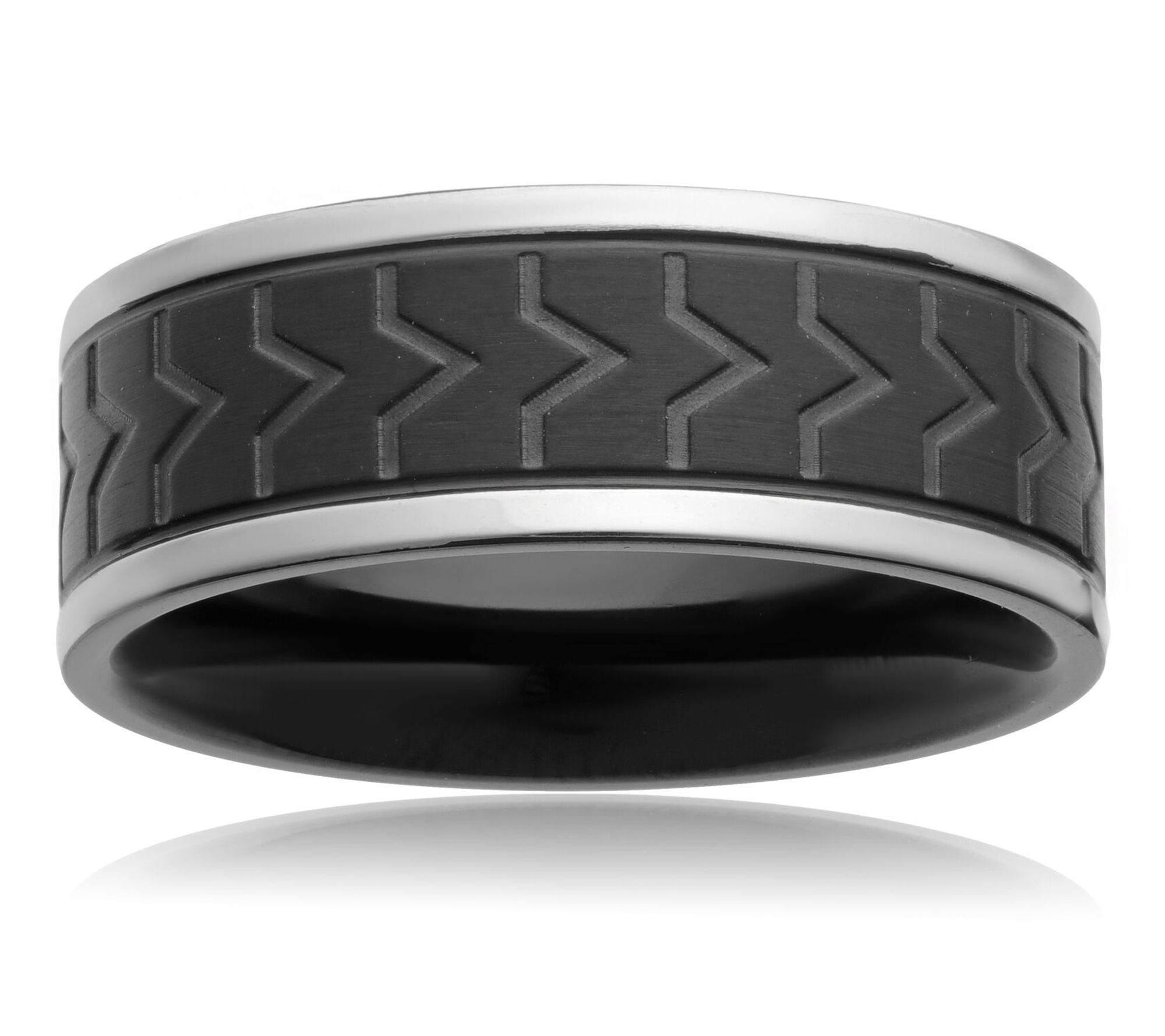 LYNX Men's Stainless Steel Black IP Tire Thread Pattern Ring
