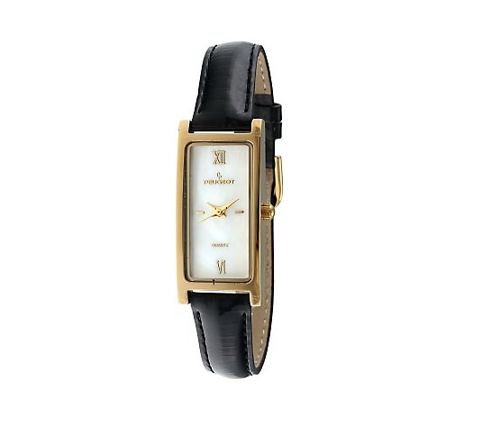 Peugeot Women's Goldtone Black Leather Strap Watch