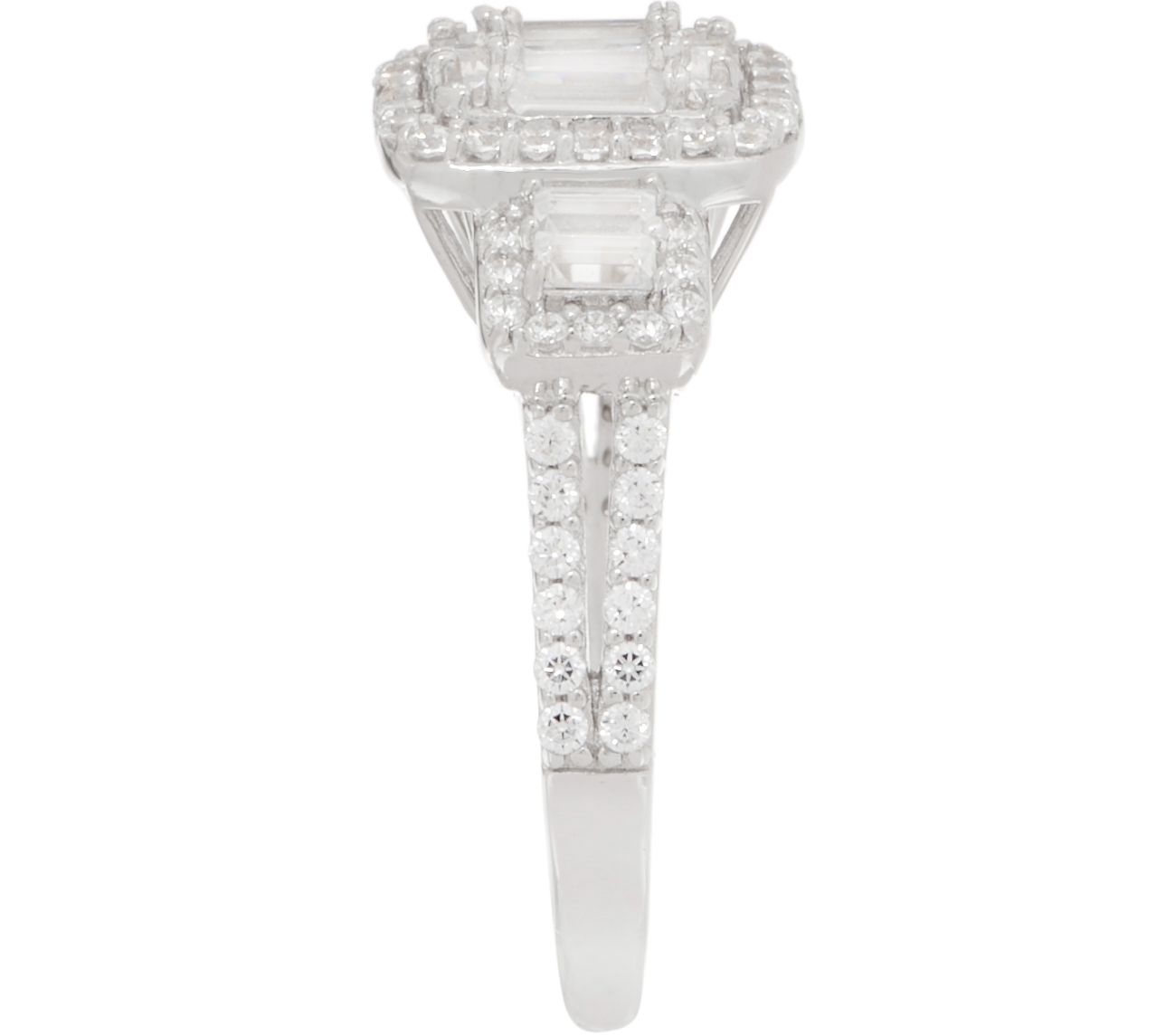 Diamonique Round and Baguette Halo Cluster Ring, Sterling Silver