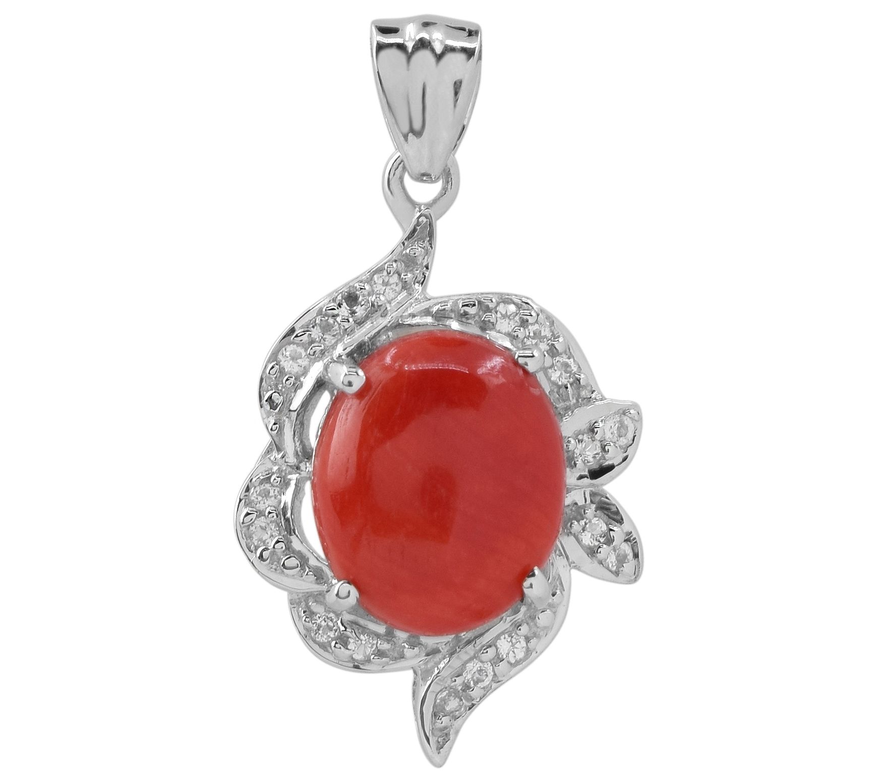 Sterling Silver Red Bamboo Cor al & White Topa z Pendant