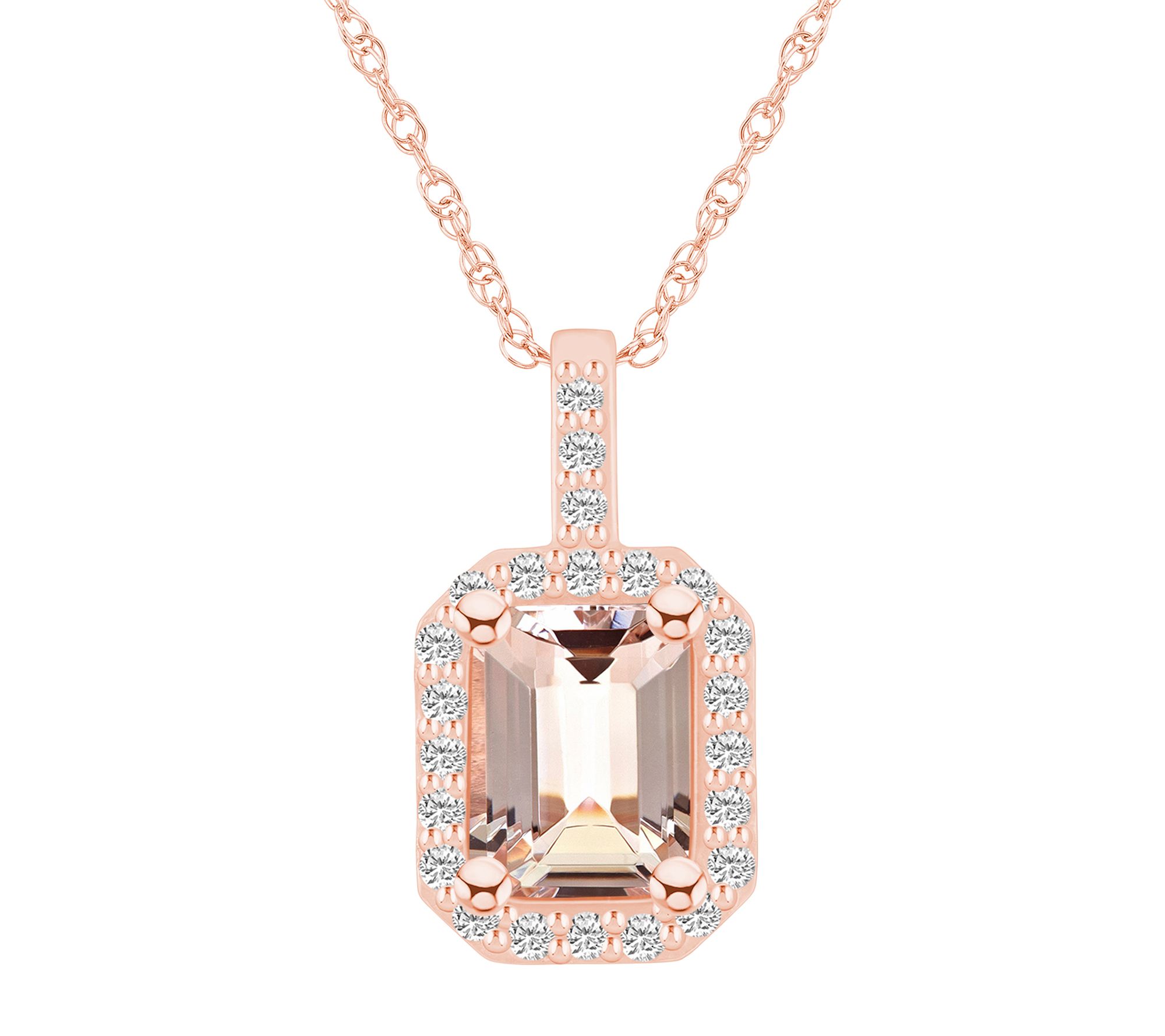 Affinity Gems Morganite & Diamond Halo Pendan t w/ Chain, 14K