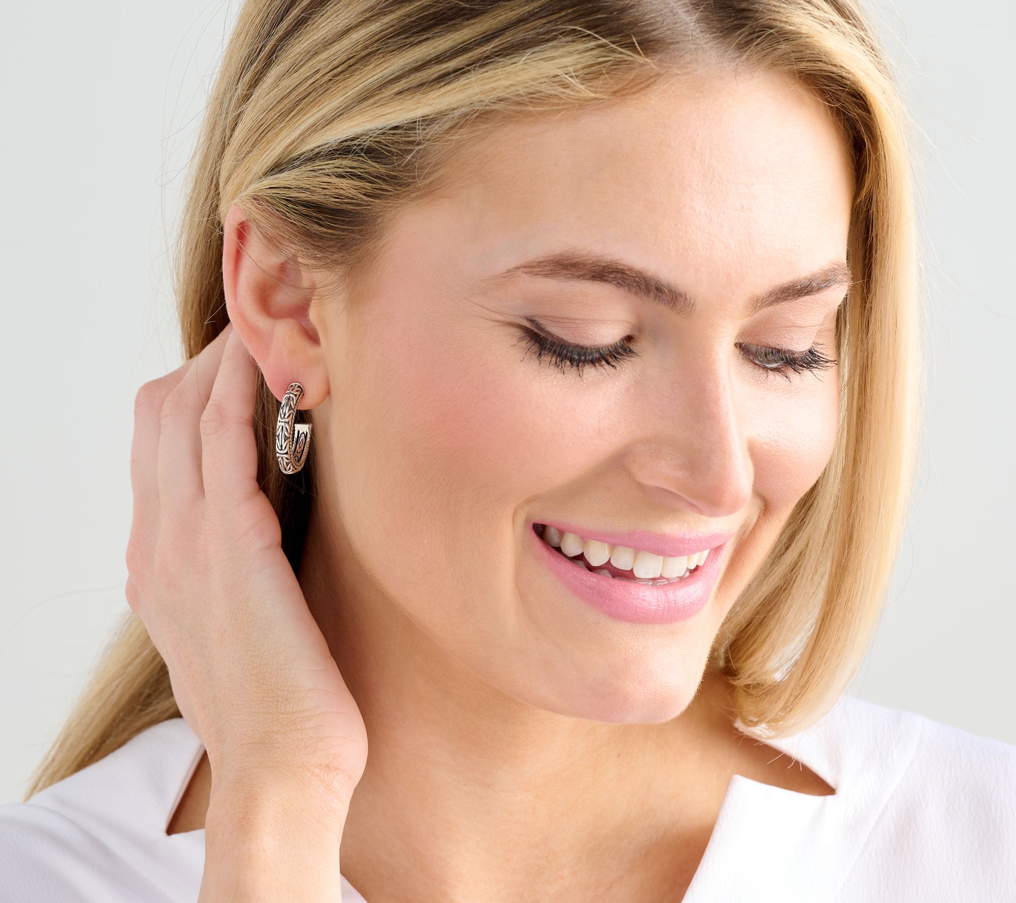 JAI Sterling Silver Carved Byzantine 1" Hoop Earrings