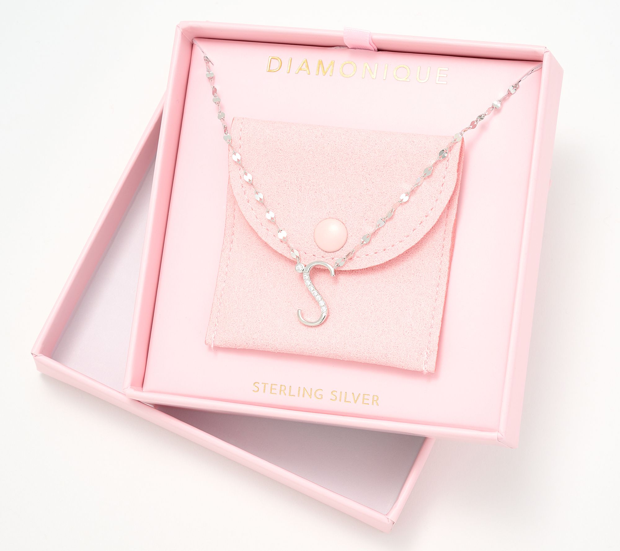 Diamonique Rhodium Plated Sterling Silver Boxed Initial Necklace