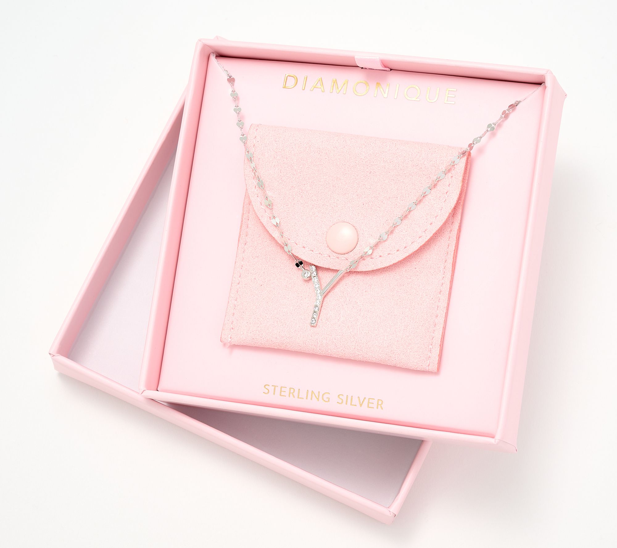 Diamonique Rhodium Plated Sterling Silver Boxed Initial Necklace