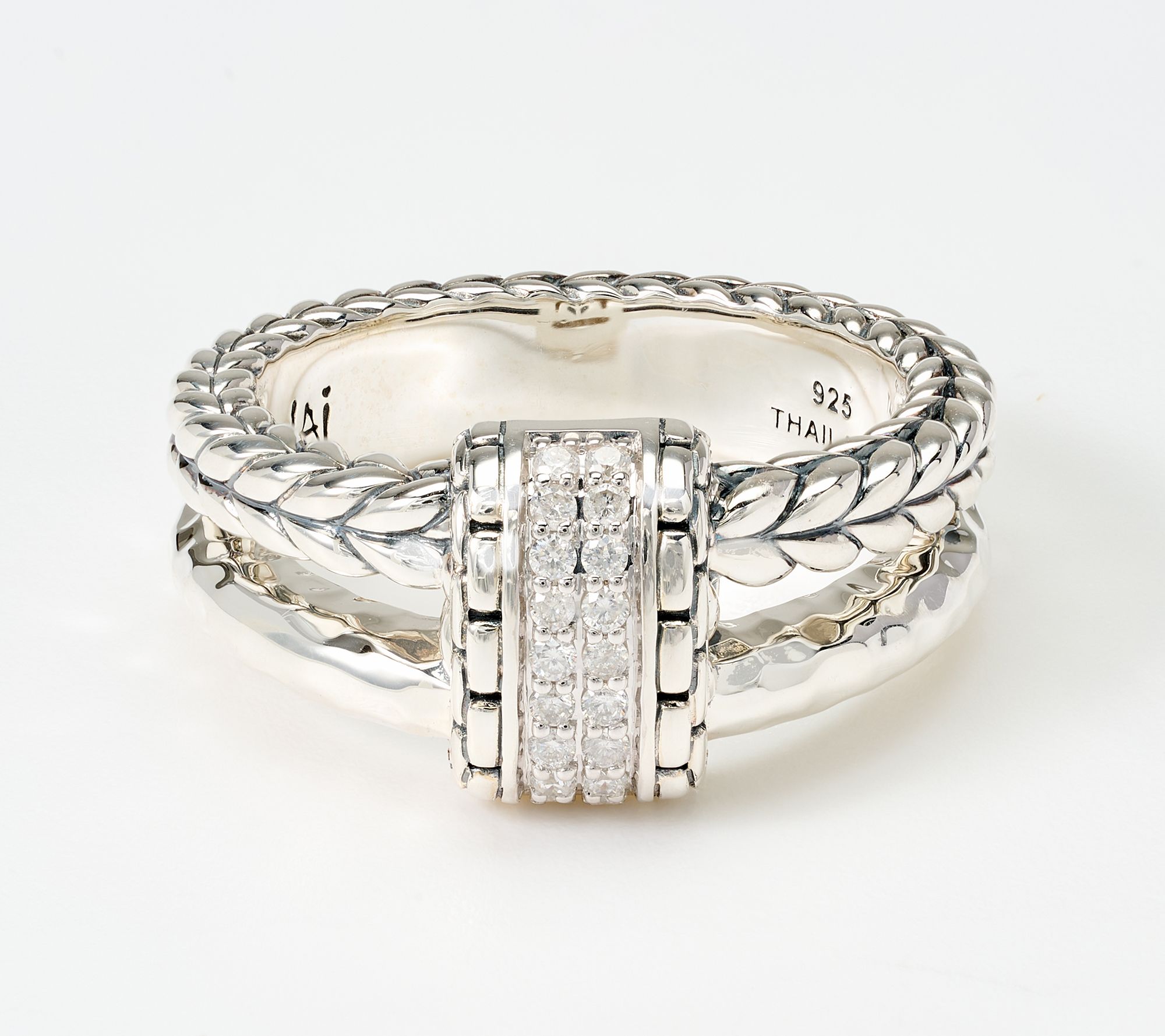 JAI Sterling Silver Pave Diamond Double Band Textured Ring