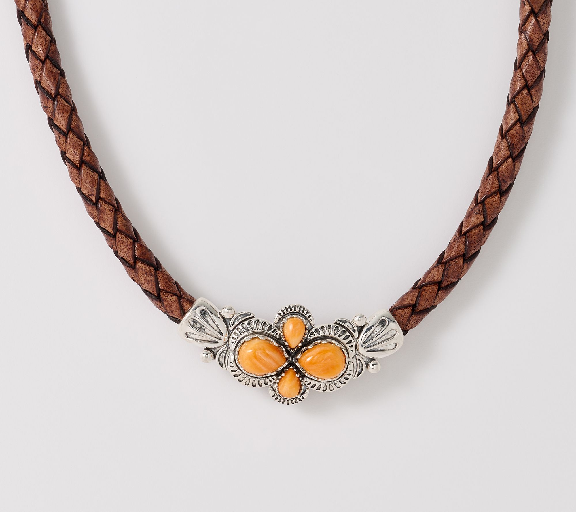 American West Sterling Silver Pear Gemstone Leather Necklace