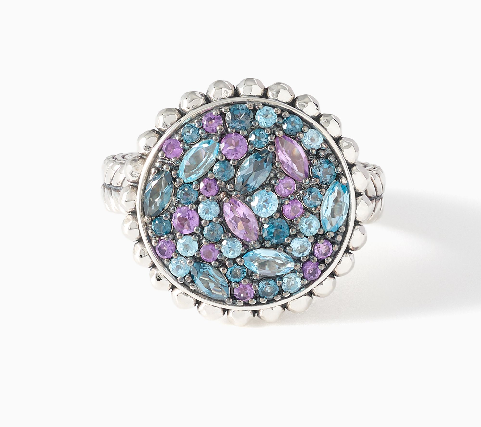 JAI Sterling Silver Multi Gemstone Shimmer Bead Disc Ring