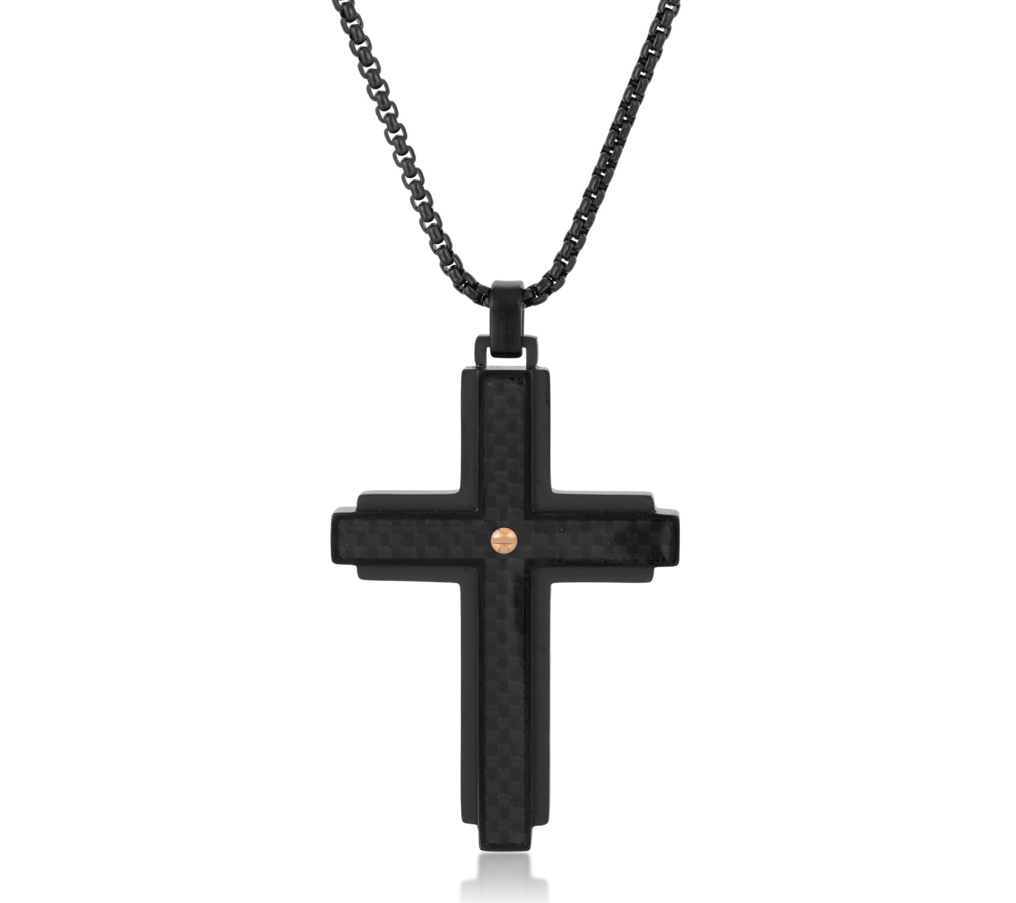 LYNX Men's Stainless Black IP Carbon Fiber Cross Pendantw/Chain