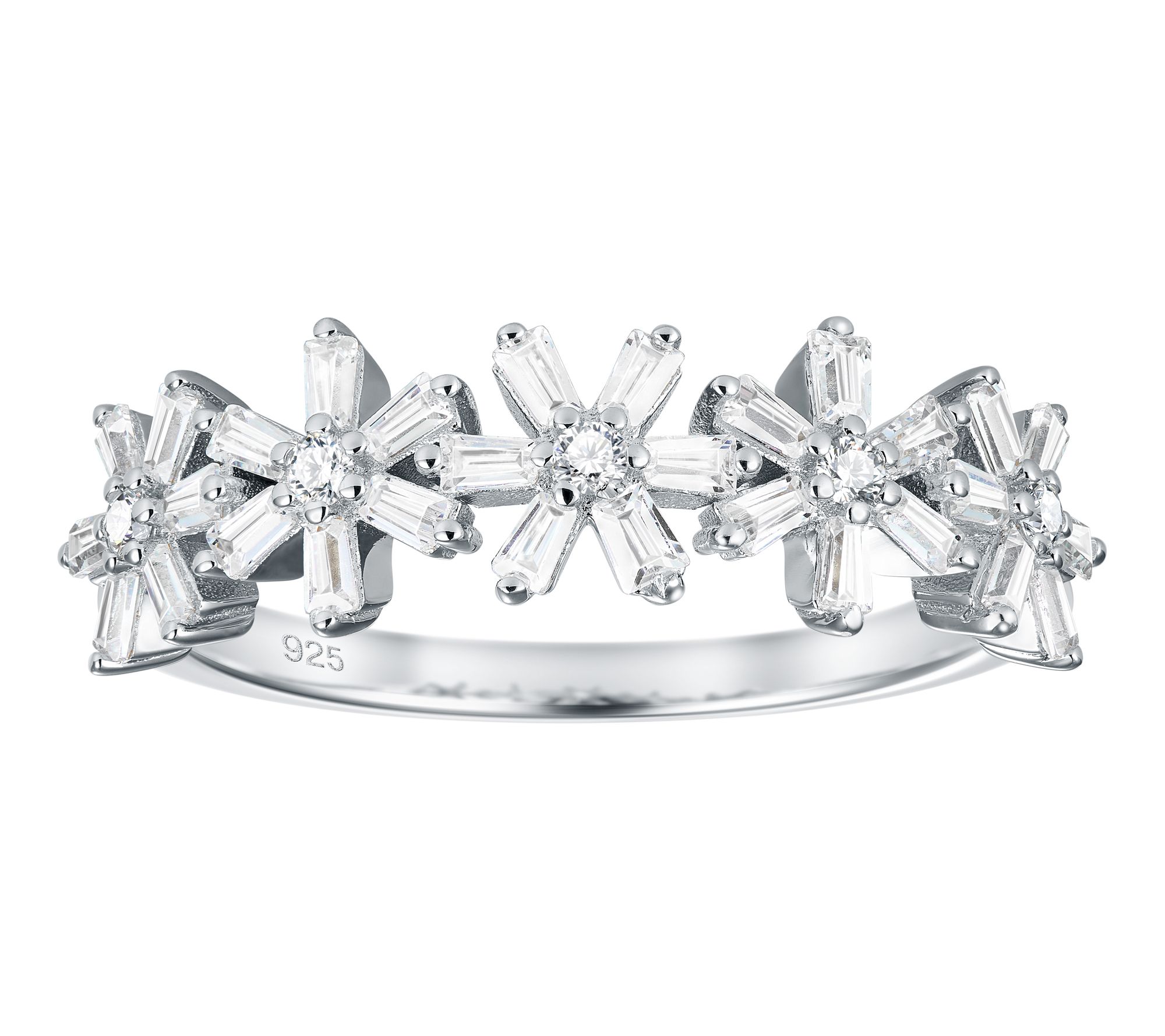 Diamonique Tapered Baguette Floral Ring, Sterling Silver