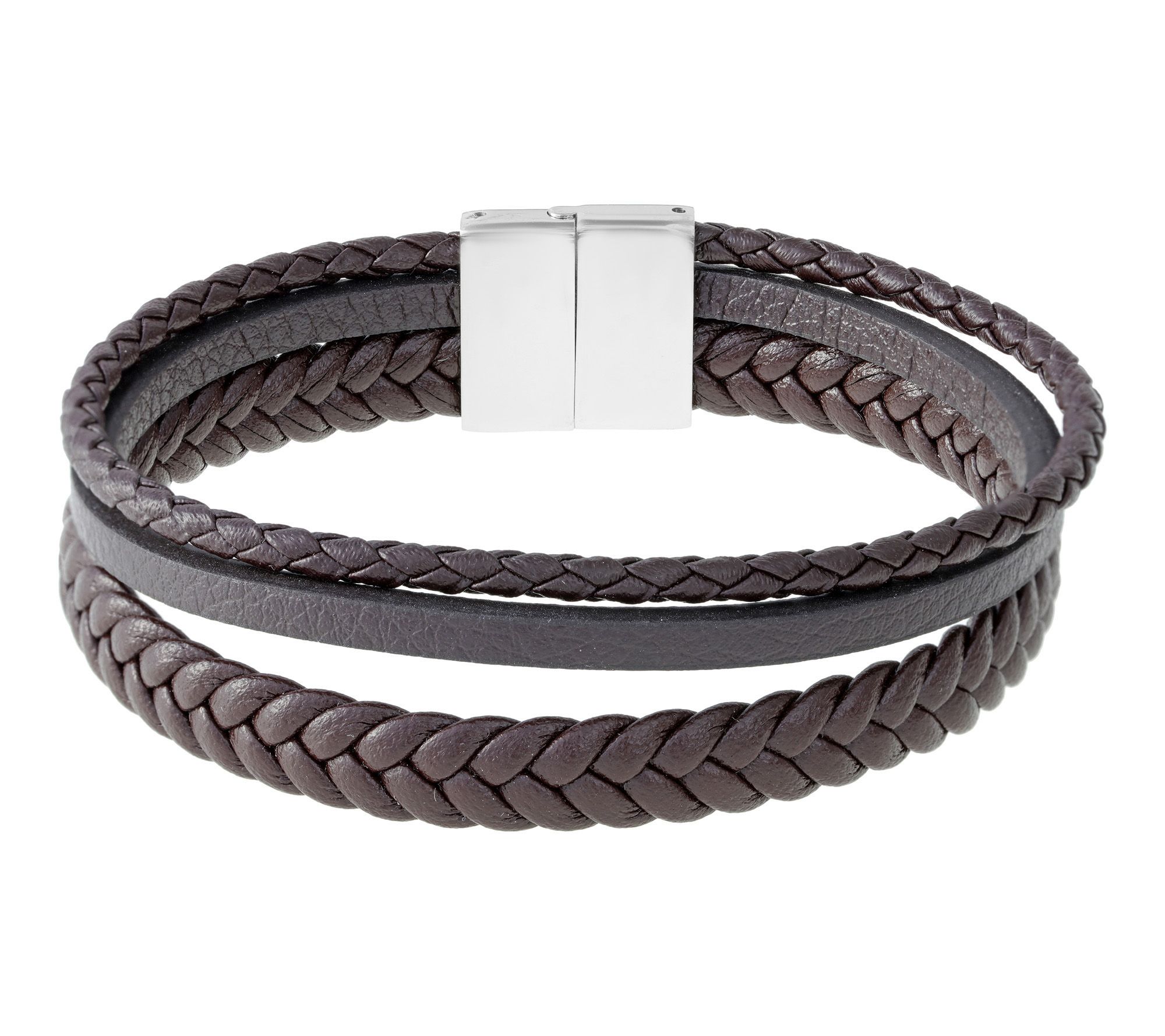 LYNX Men's Stainless Steel Brown Leather Braided Bracelet