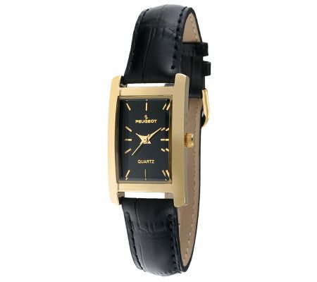 Peugeot Women's Goldtone Black Leather Strap Watch