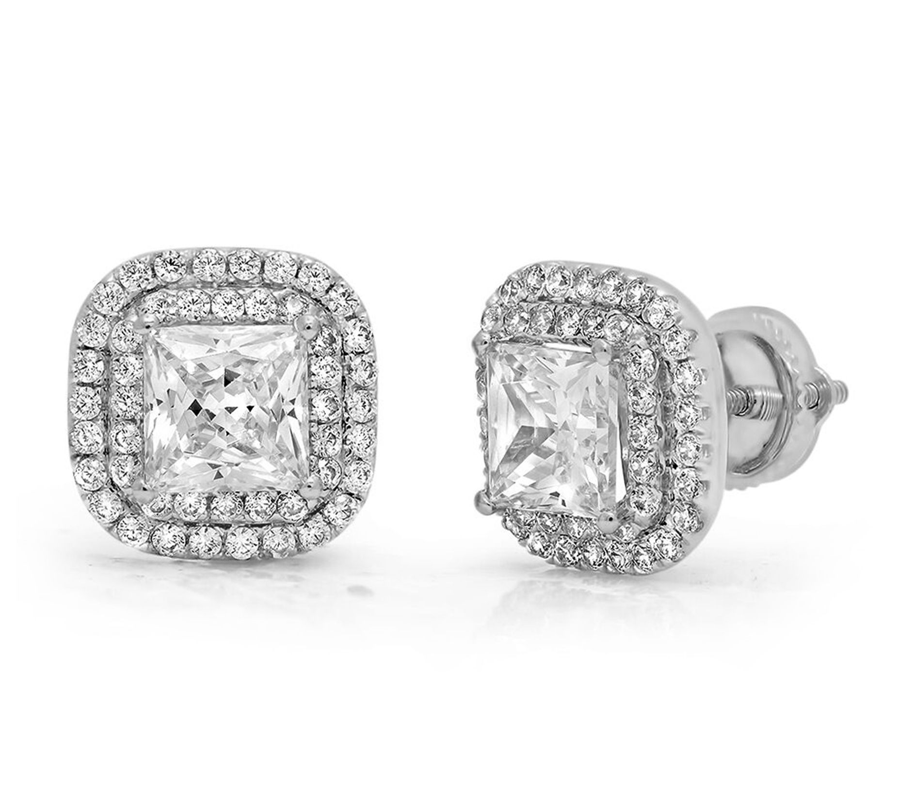 Diamonique Sterling Silver Princess-Cut Dou ble Halo Stud