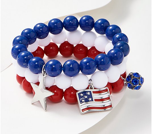 Denim & Co. Americana Set of 3 Beaded Charm Bracelets