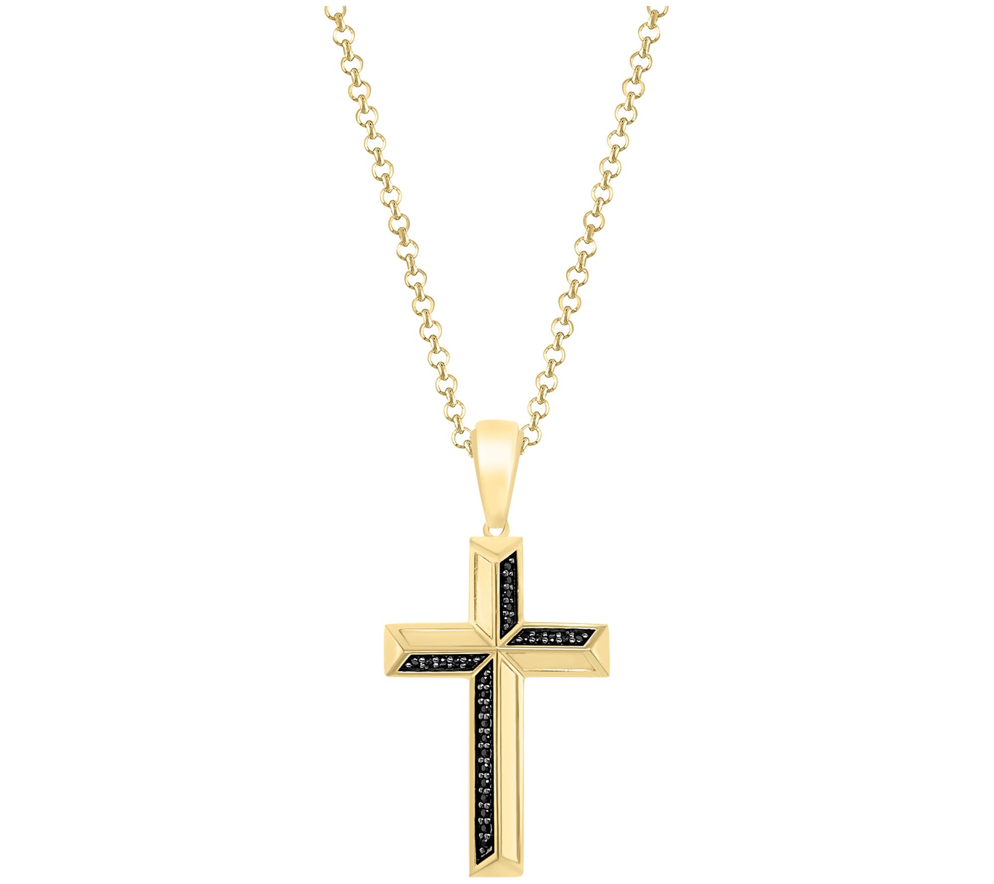 Men's Black Diamond Cross Pendant w/ Chain, 14KGold-Plated