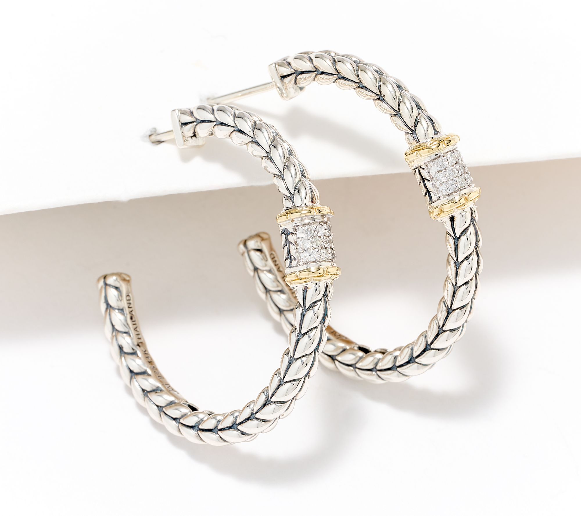 JAI 14K & Sterling Silver Diamond Station 1-1/4" Hoops .1cttw