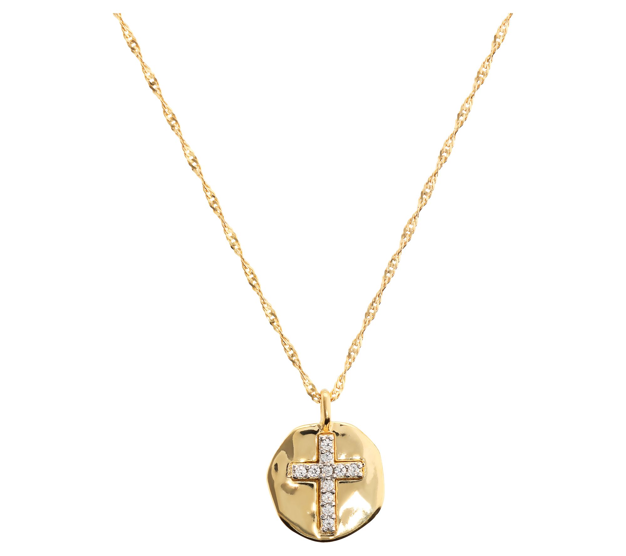 Diamonique Cross Motif Pendant w/ Chain, 14K Gold Plated