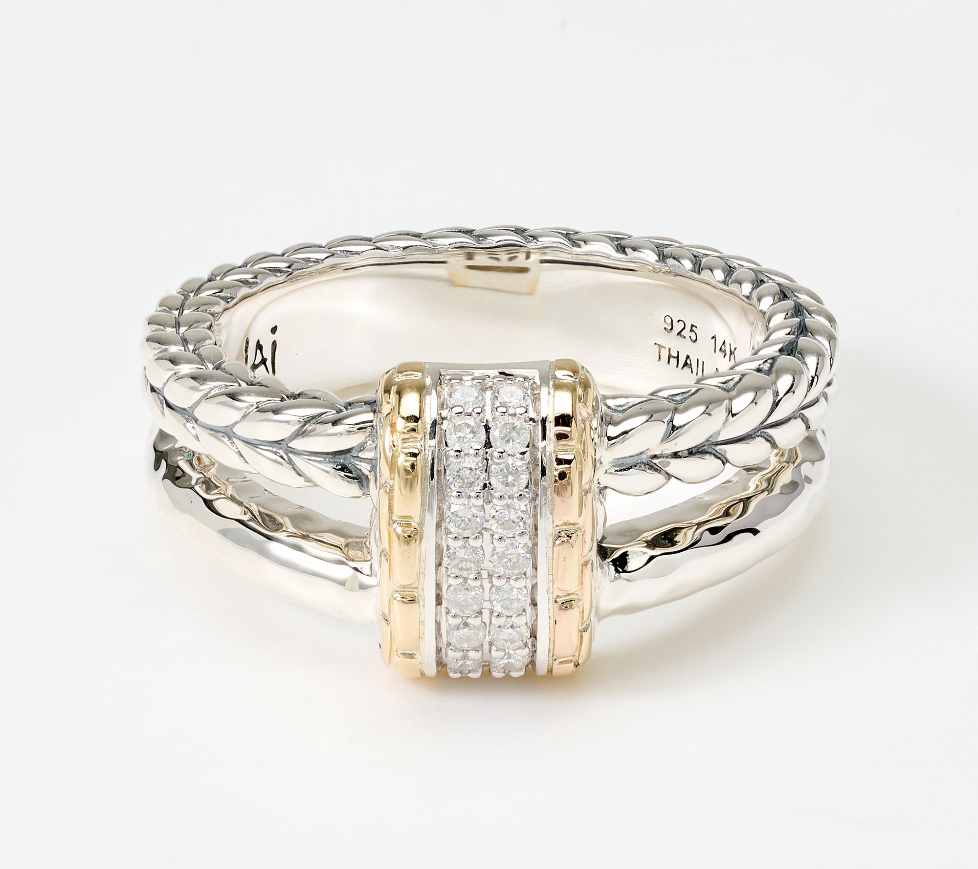 JAI Sterling Silver and 14K Gold Pave Diamond Textured Ring