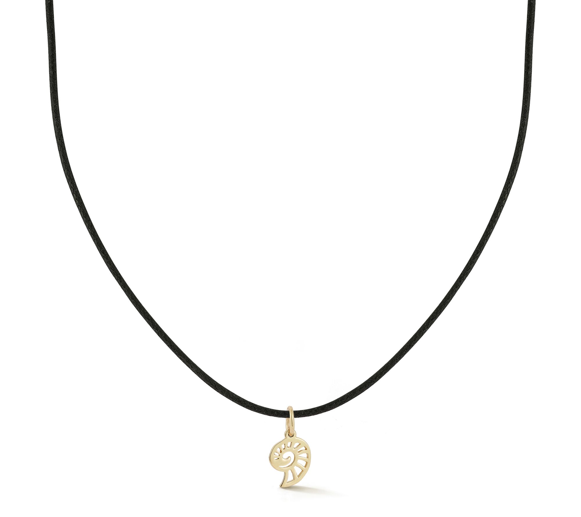 Italian Gold Flat Shell Pendant w/ Black Cord Chain, 14K