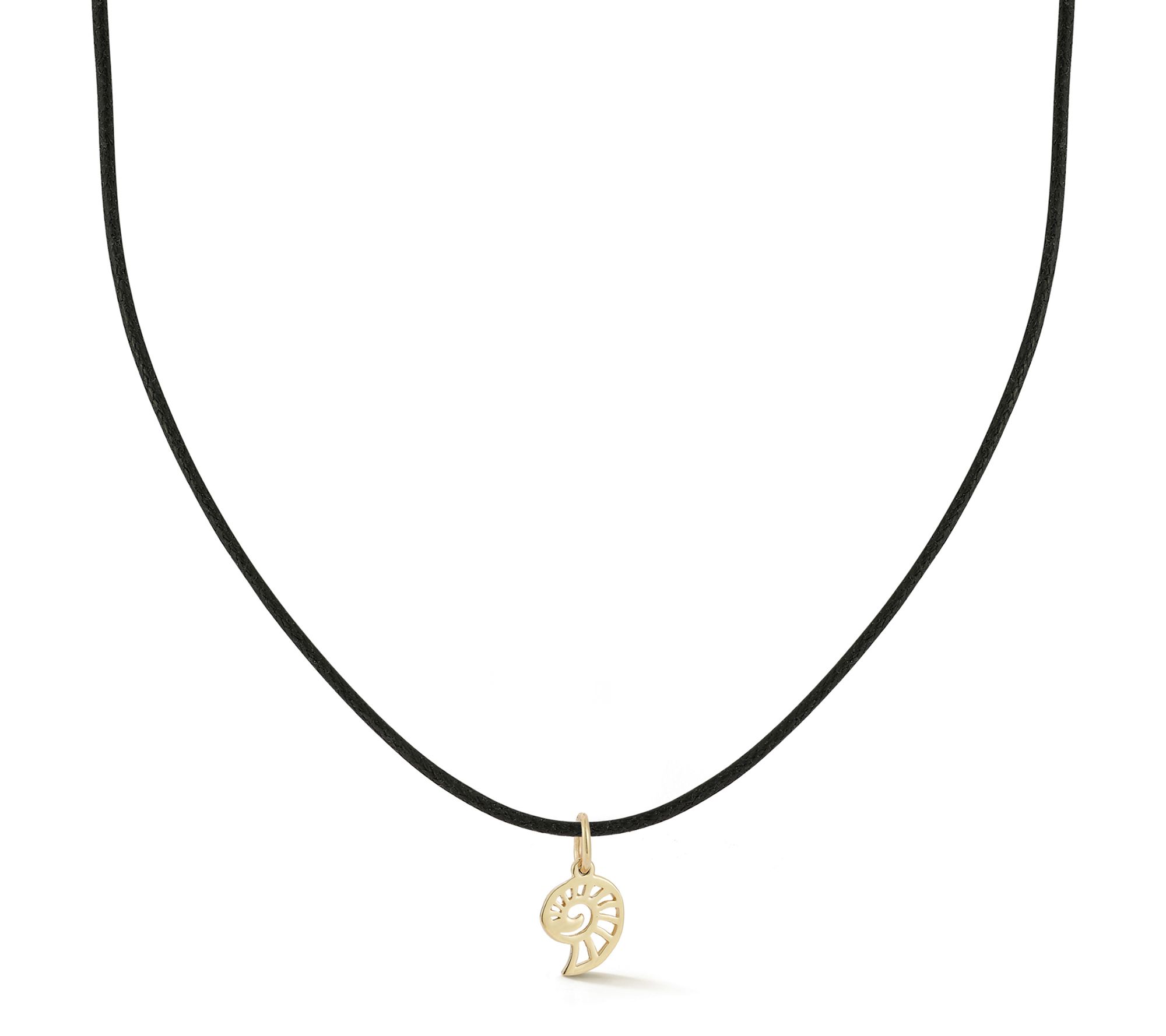 Italian Gold Flat Shell Pendant w/ Black Cord Chain, 14K