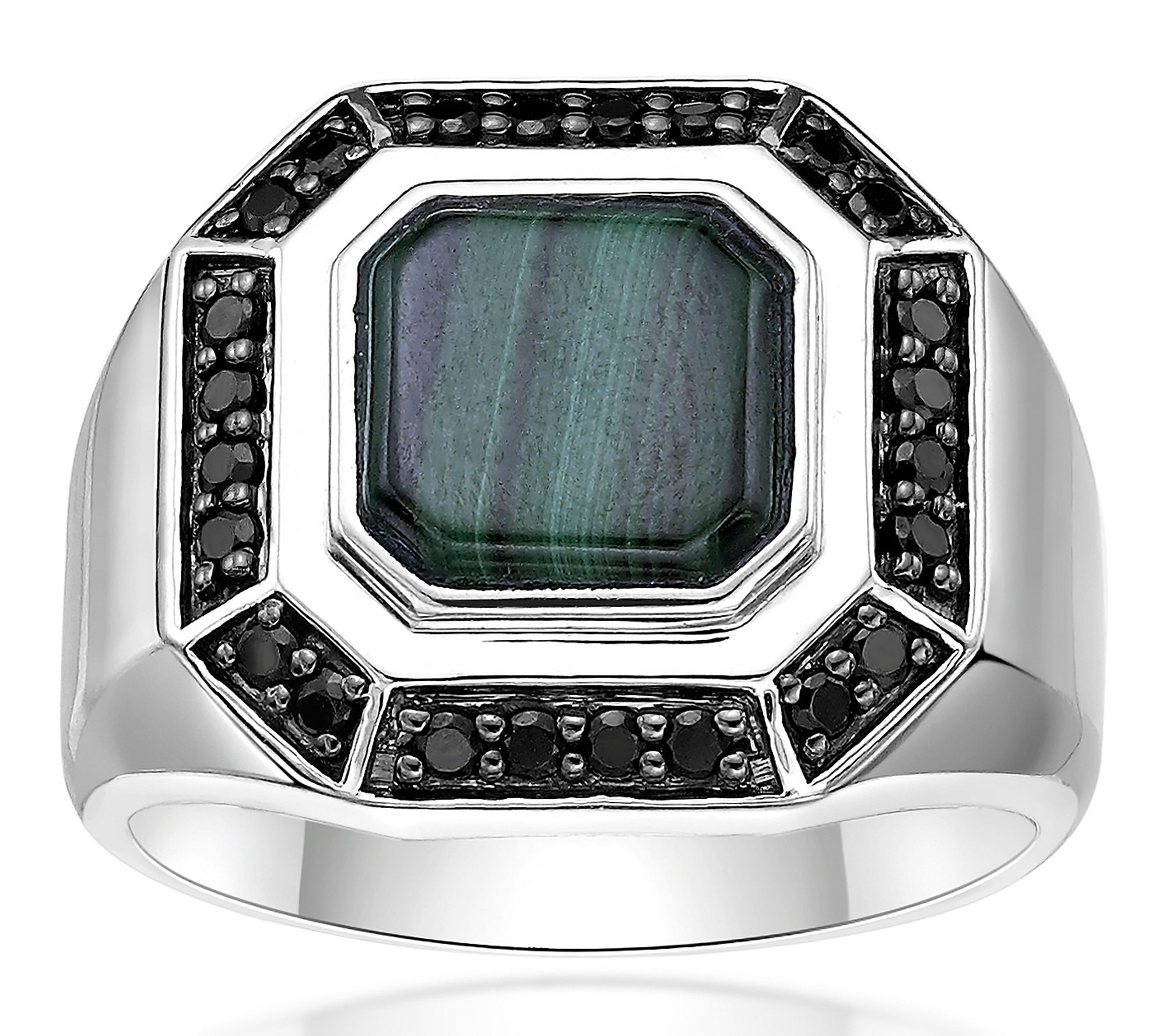 LYNX Men's Sterling Silver Malachite & Black Diamond Ring