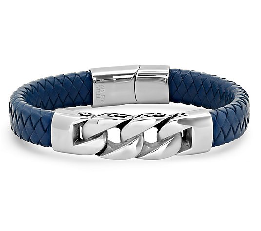 Steel by Design Men's Leather and Stainless Steel Bracelet