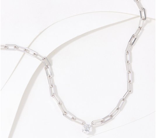 Diamonique Paperclip Chain Solitaire Necklace, Sterling Silver