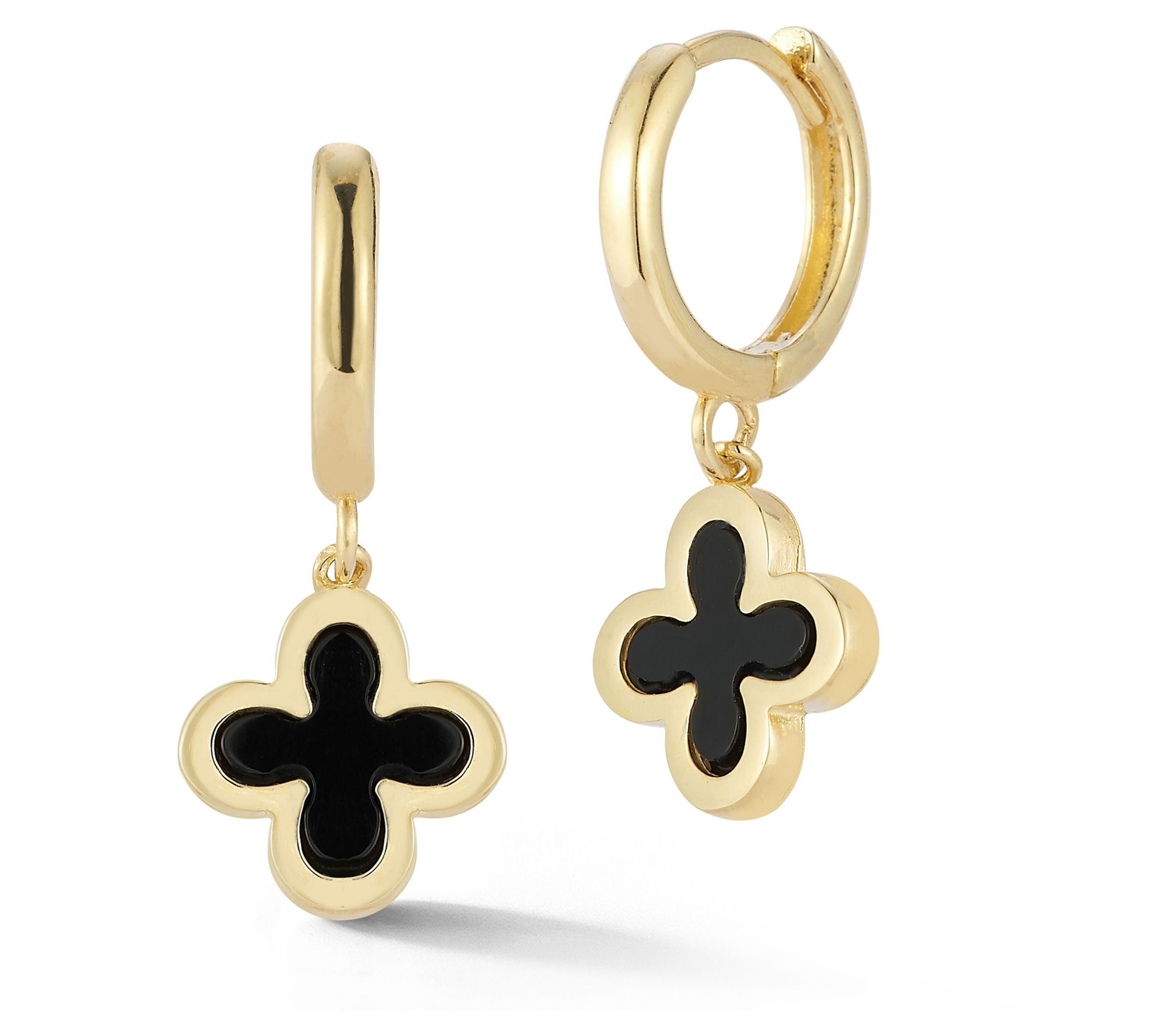 Luminosa Gold Onyx Clover Charm Huggie Hoop Earrings, 14K