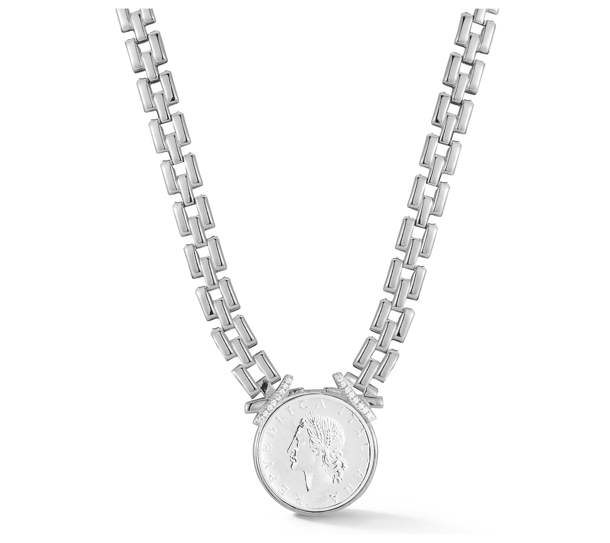 Italian Silver Coin Panther Link Necklace, Sterling