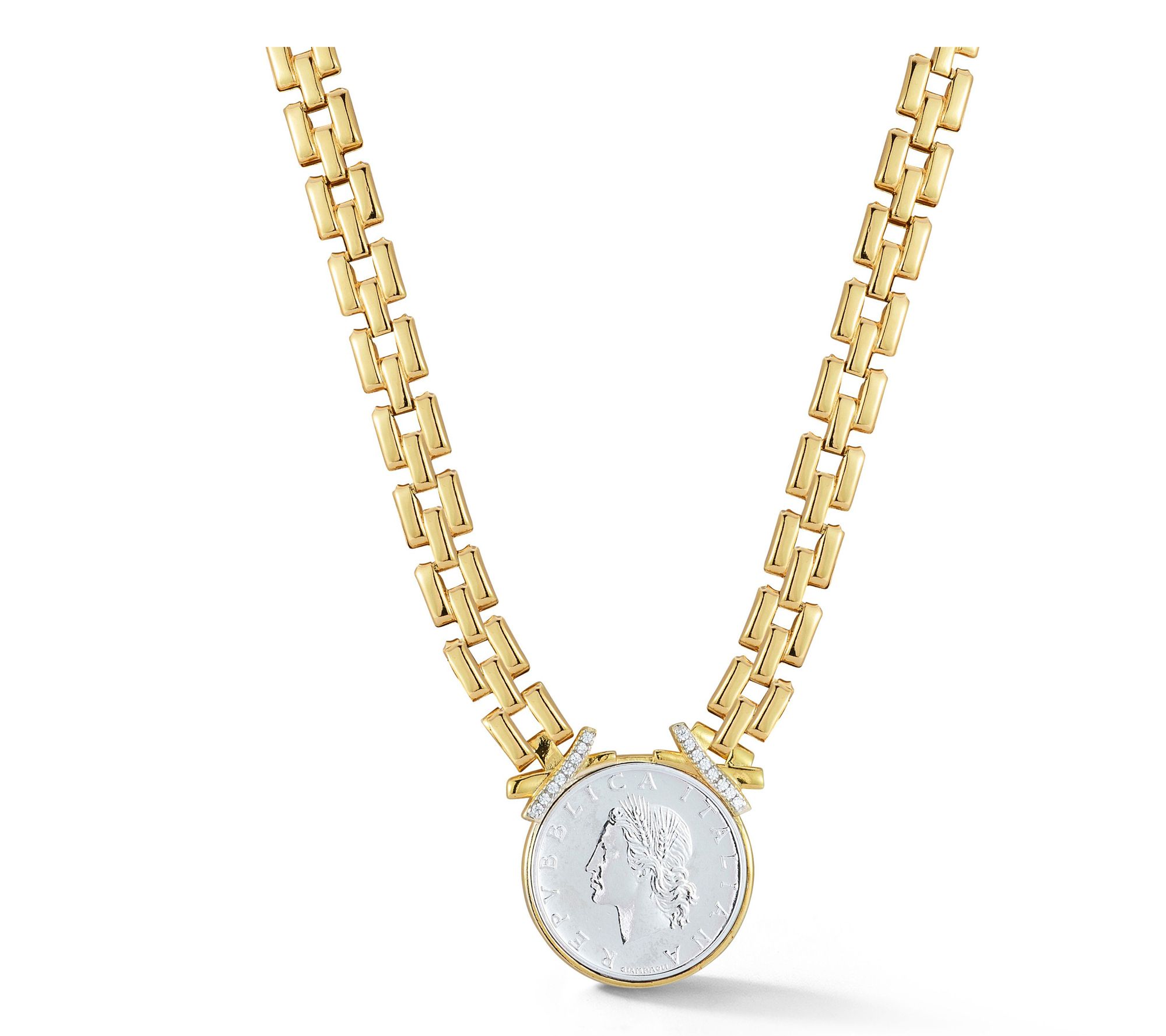 Italian Silver Coin Panther Link Necklace, Sterling