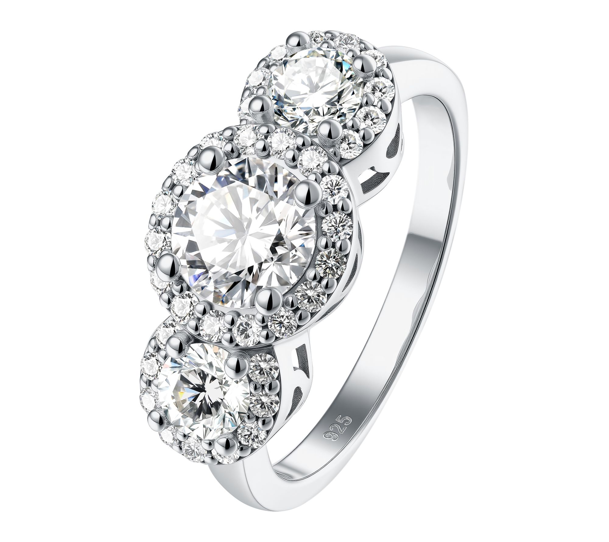 Diamonique 1.85 cttw 3-Stone Halo Ring, Sterling Silver