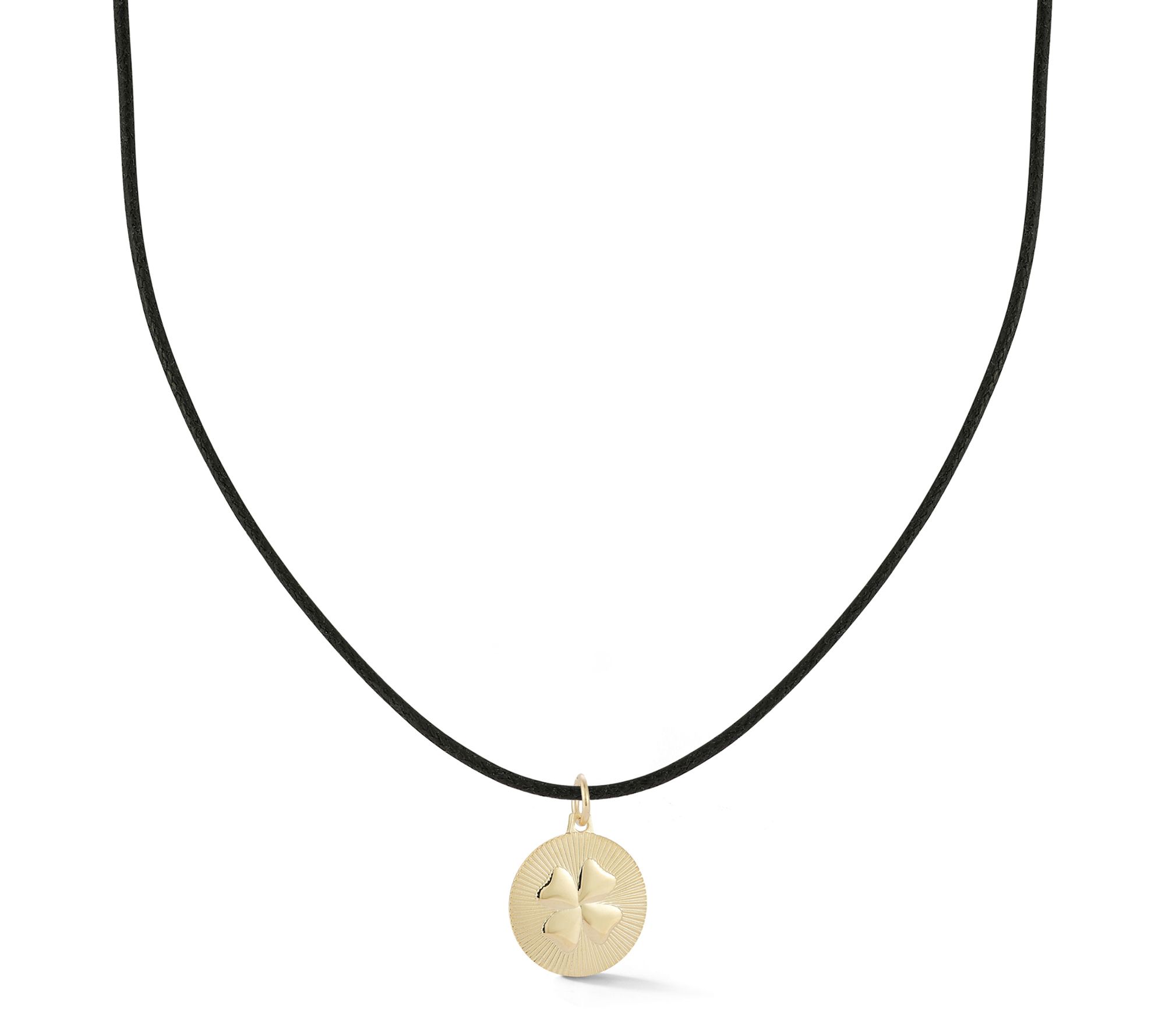 Italian Gold Clover Disc Pendant w/ Black Cord Chain, 14K