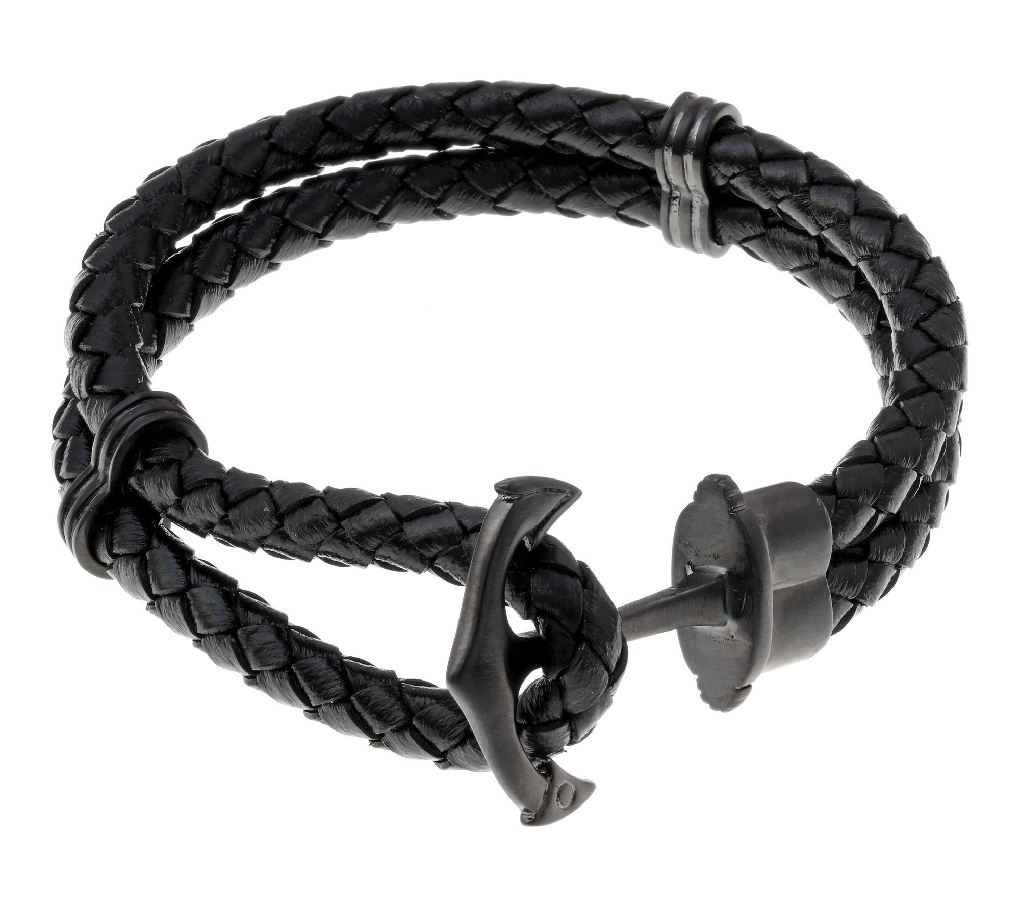 LYNX Men's Black IP Stainless Black Leather Anchor Bracelet