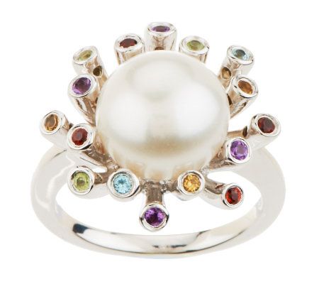 Honora Cultured Pearl 9.5mm Button & Gemstone Fireworks Ring - QVC.com