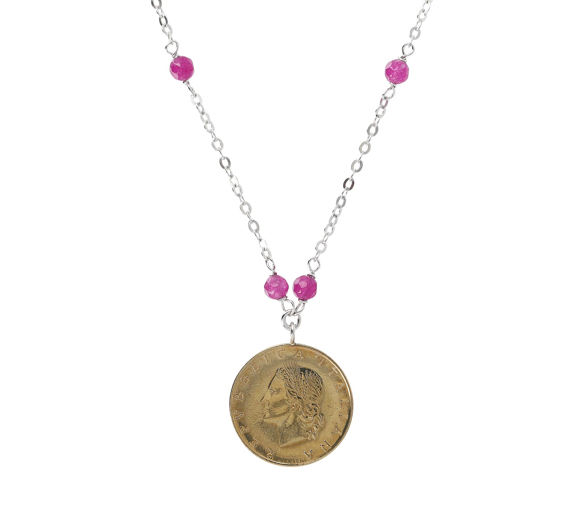 Italian Silver 20 Lire Coin Gemstone Station Ne cklace