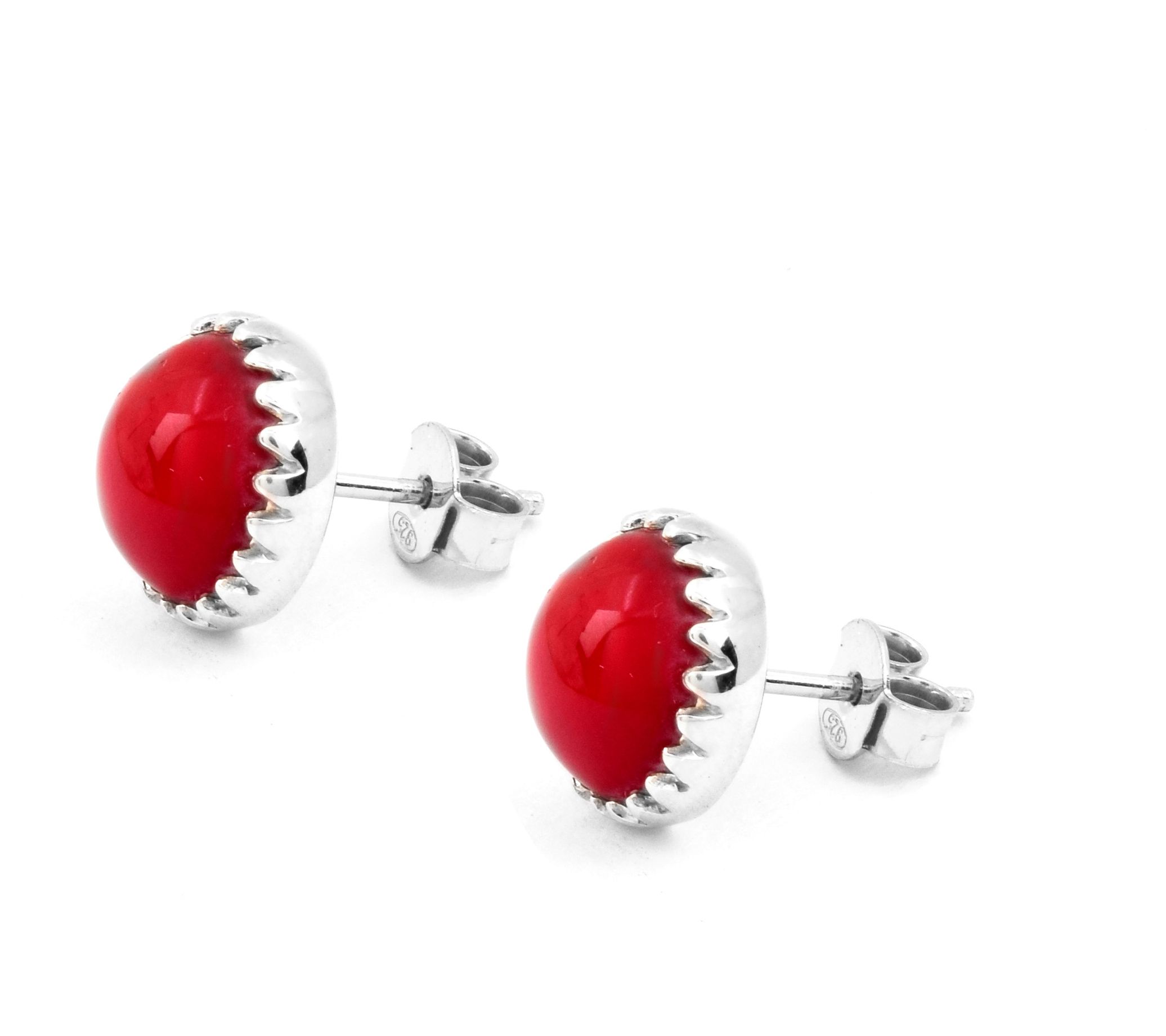 Sterling Silver Round Red Bamboo Zik-Zek ProngSet Earrings
