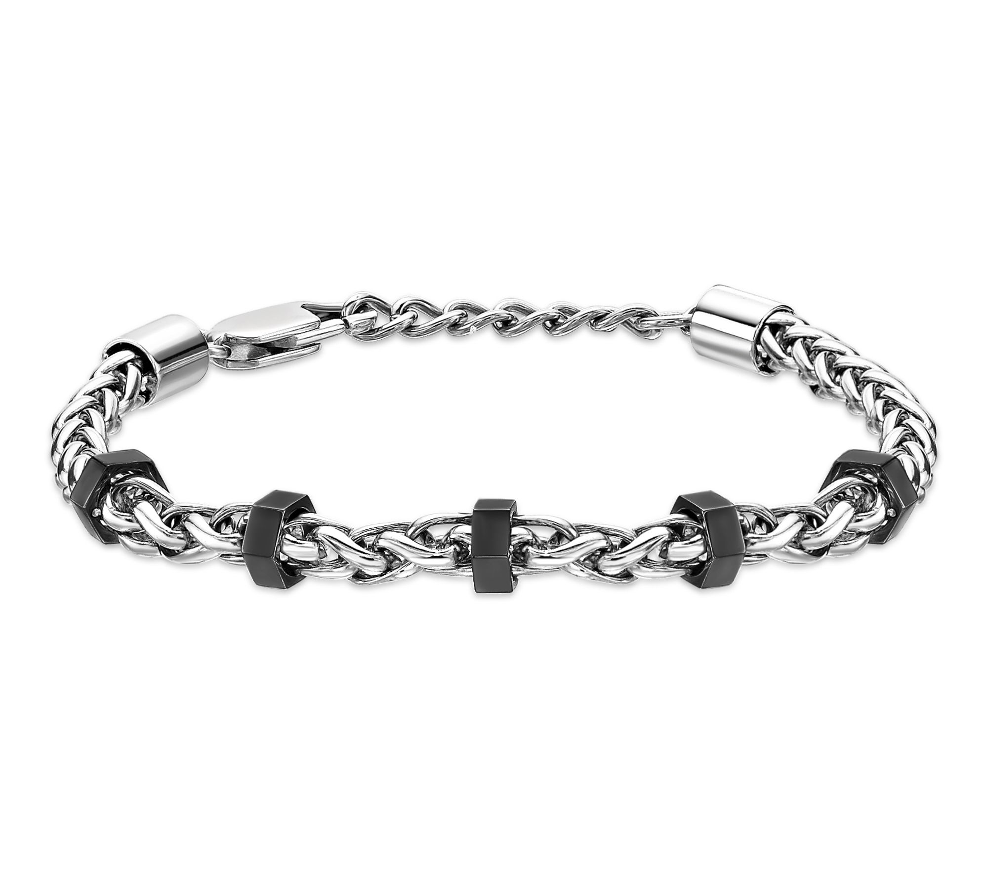 LYNX Men's Stainless Steel Chain Bracelet w/Black Inlay Accents