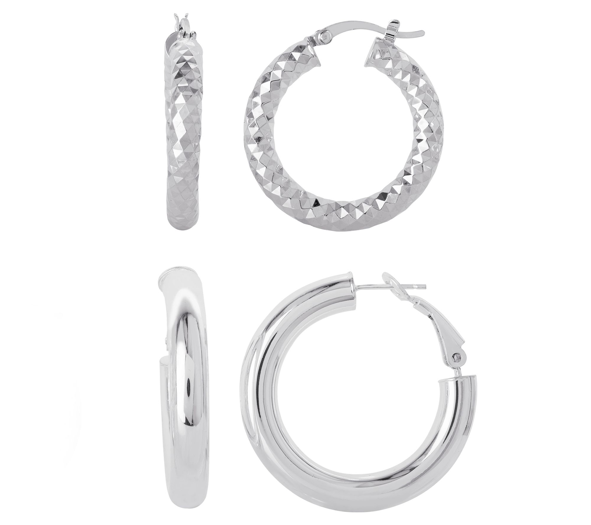 Sterling Set of Two DiamondCut and Polished Hoop Earrings