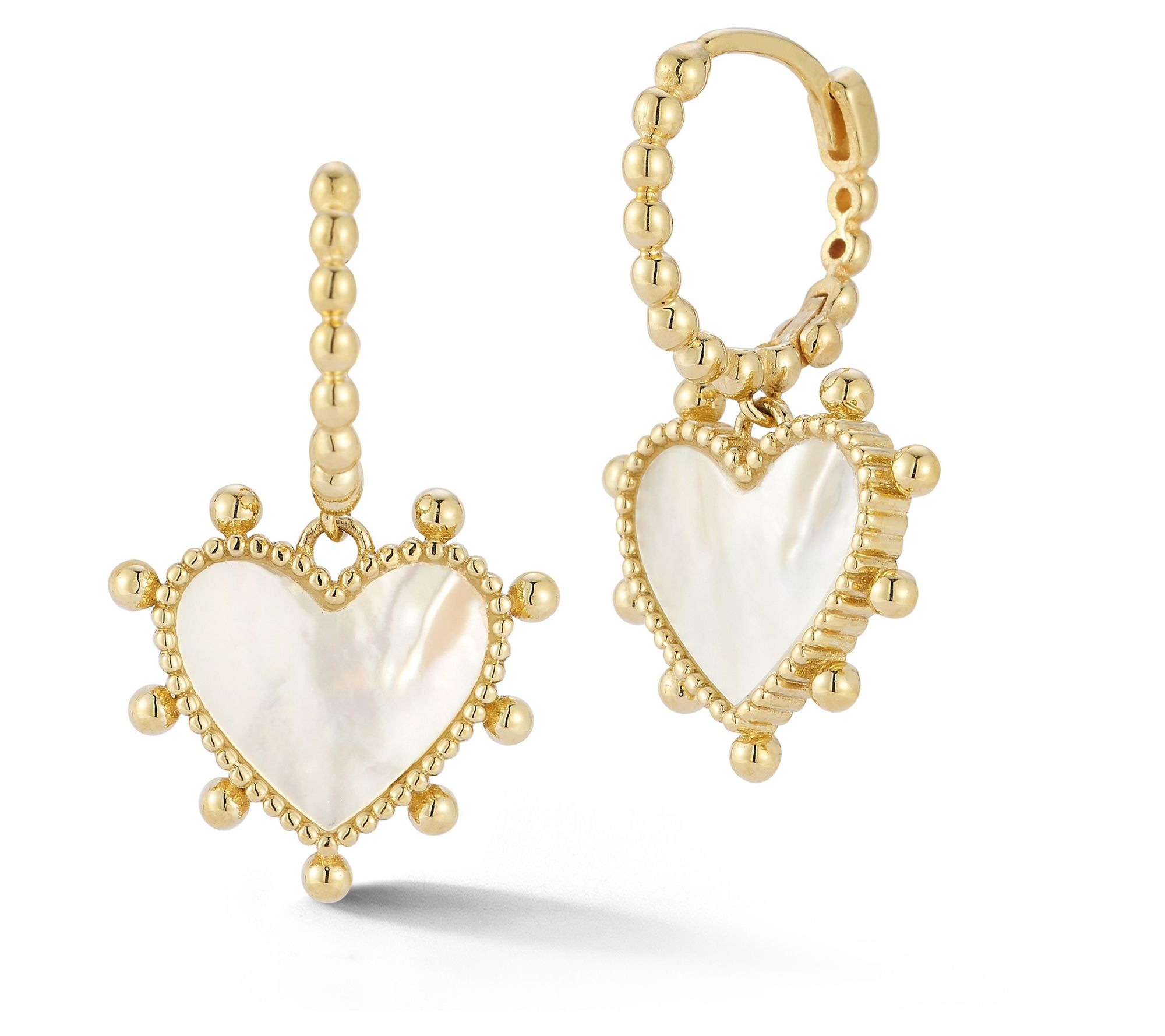 Luminosa Gold Mother of Pearl Heart Charm HoopEarrings, 14K