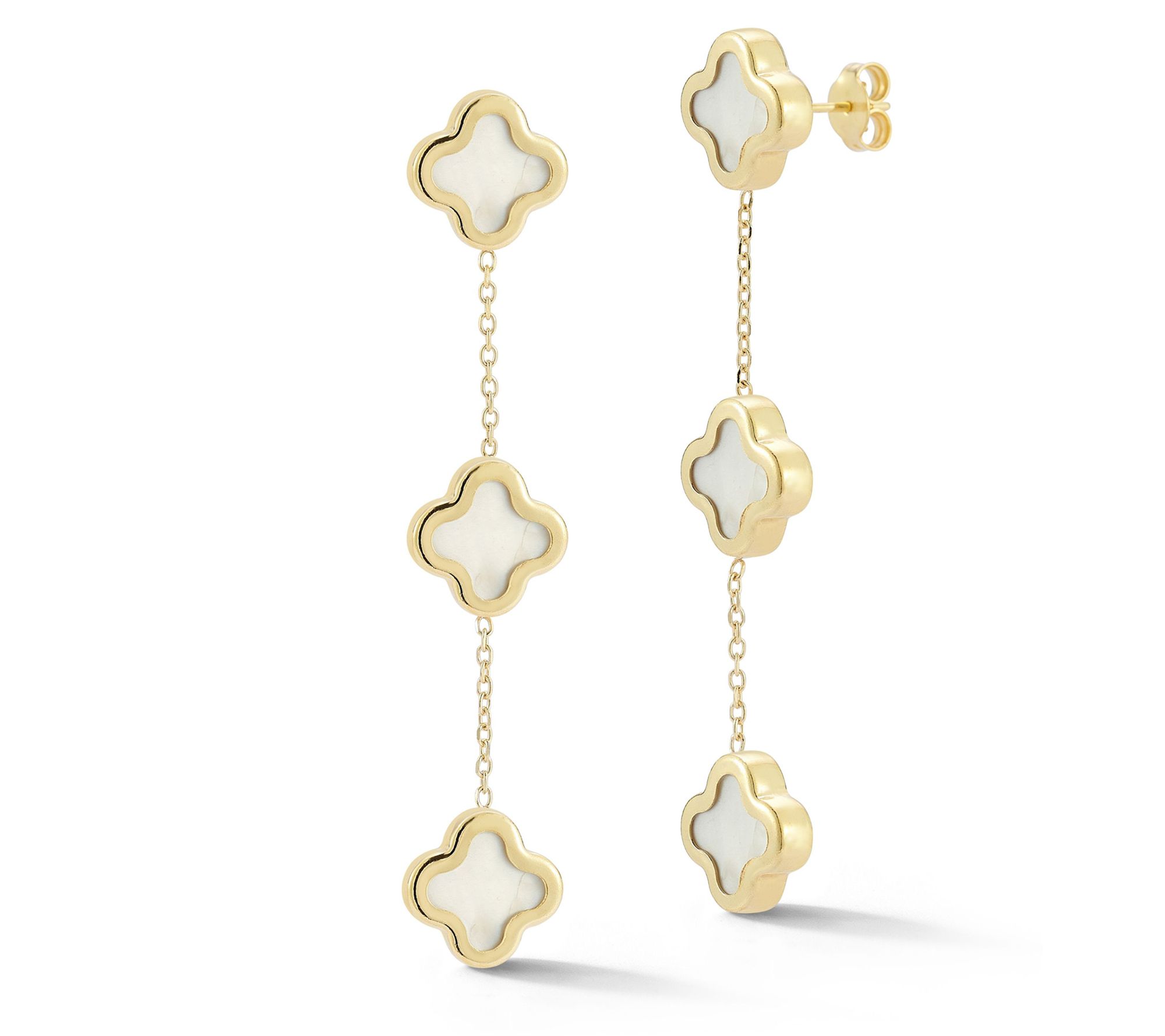 Italian Gold Mother of Pearl Clover Drop Earrings, 14K