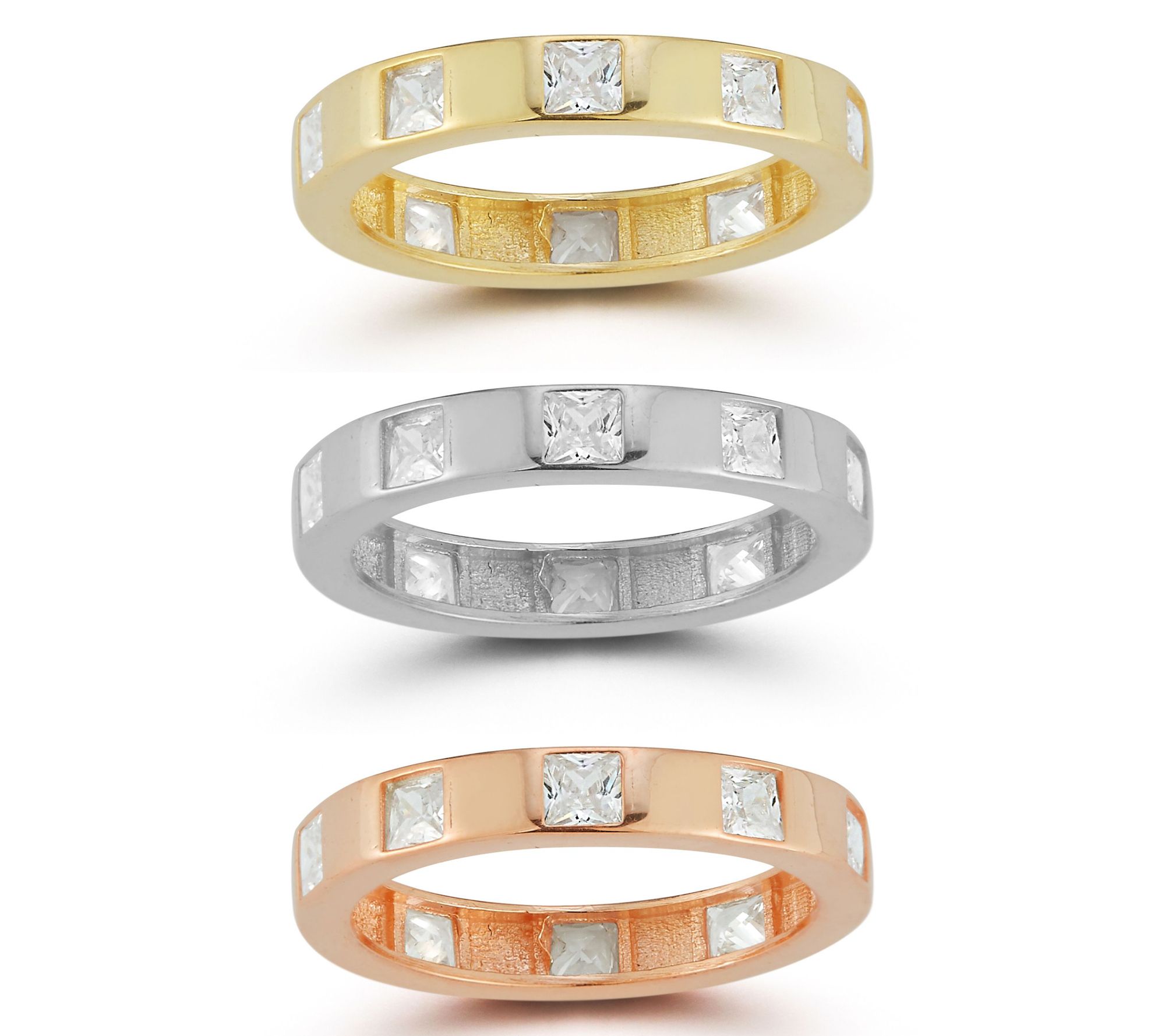 Sterlina Silver Set of 3 Princess-Cut Band Rings, Sterling