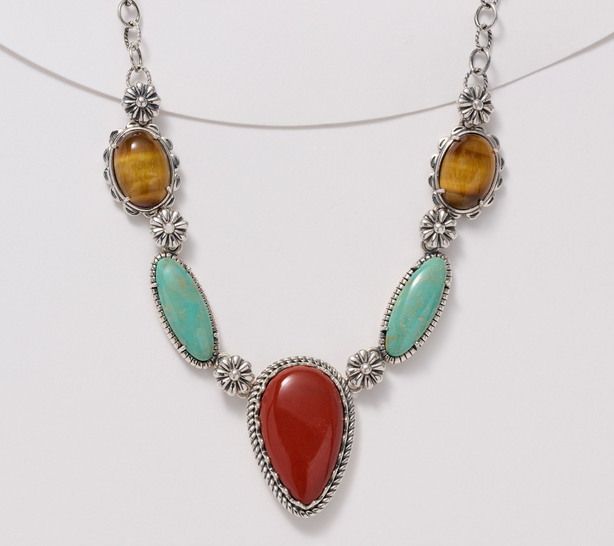 American West Sterling Pear & Oval Gemstone Concha Necklace