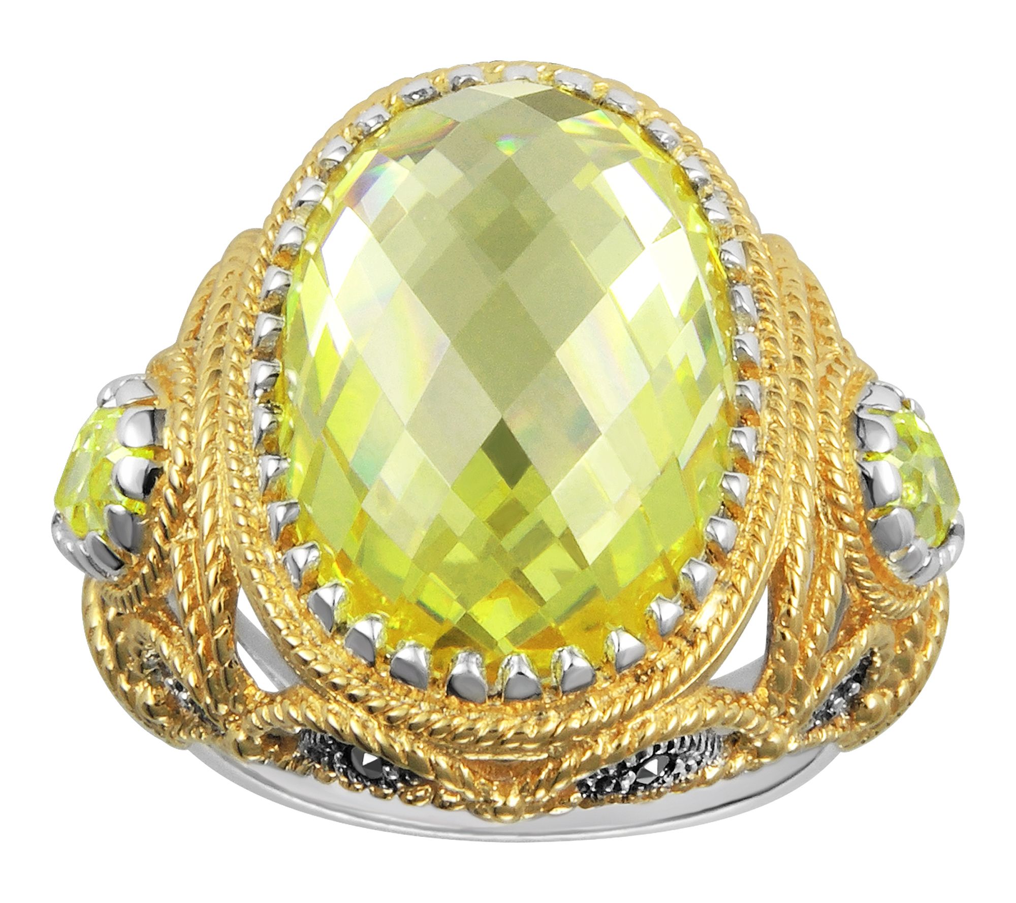Suspicion Peridot Cz & Marcasite Ring, Gold flash silver