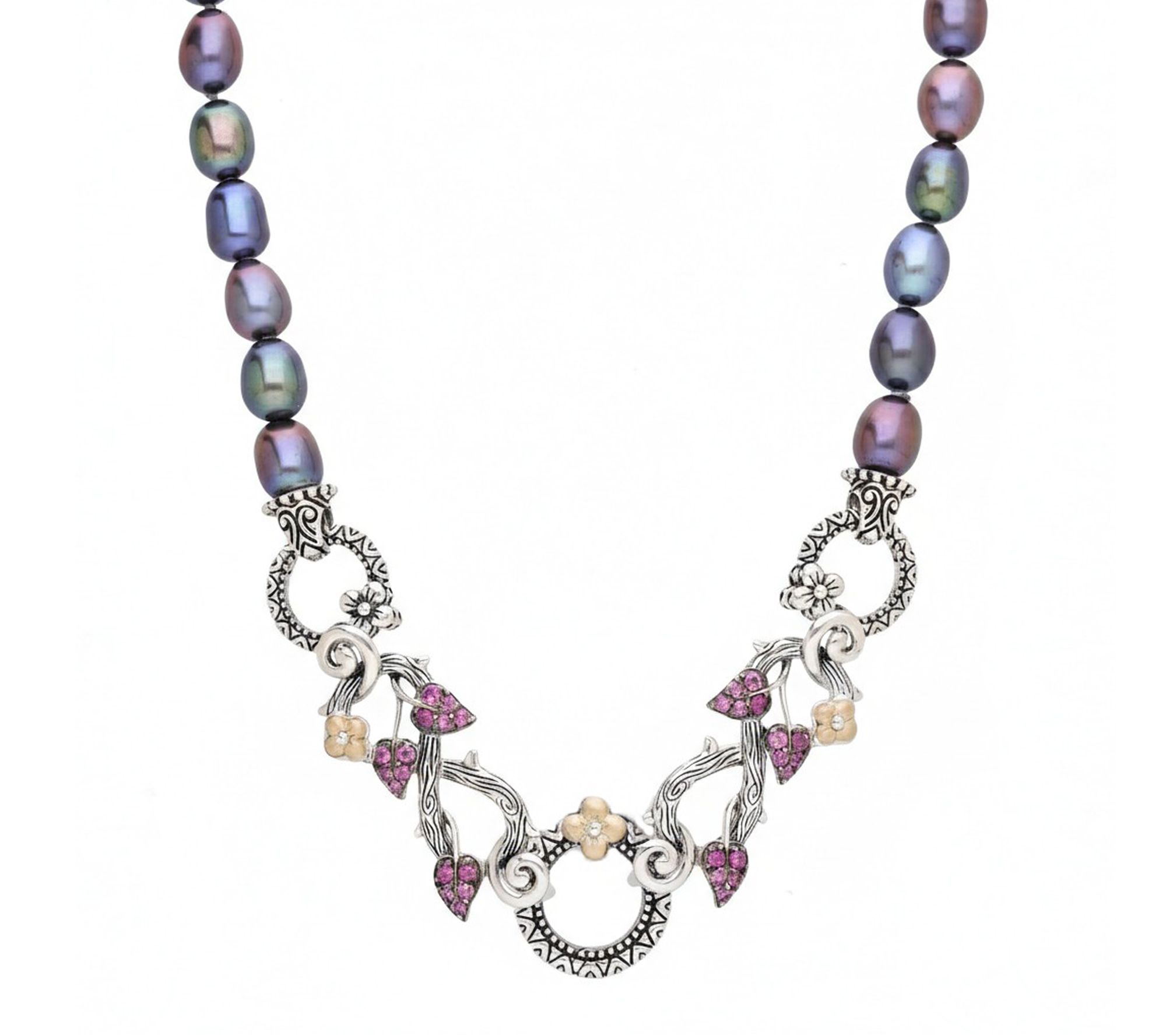 Barbara Bixby Sterling & 18K Gold Pearl & Rhodolite Necklace