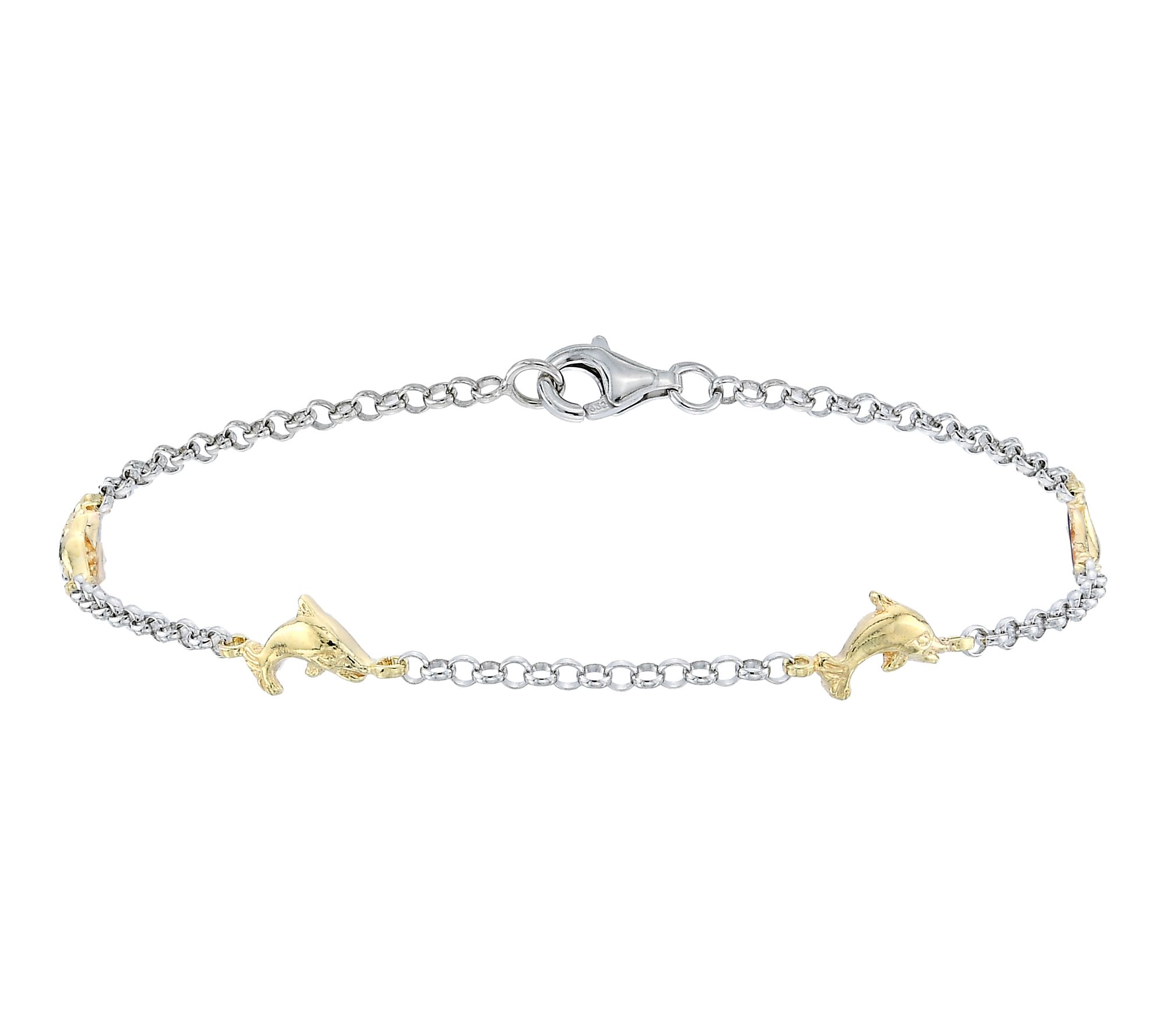 Silver Style Two-Tone Rolo Chain Dolphin Bracelet, Sterling